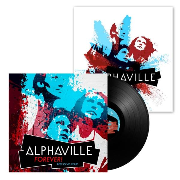 Albumcover mit Vinyl-Schallplatte und verschiedenen Bildern, Text 'Alphaville Forever!'