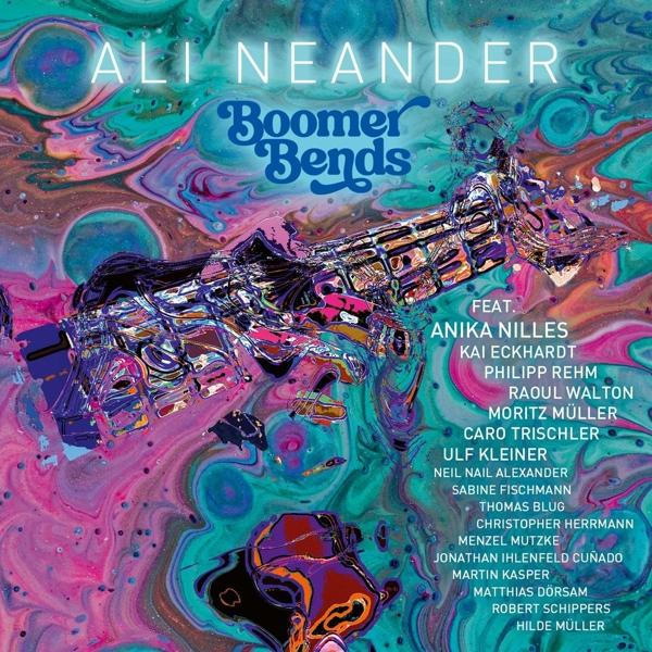Albumcover mit bunter abstrakter Kunst, Musikernamen und dem Titel Boomer Bends.