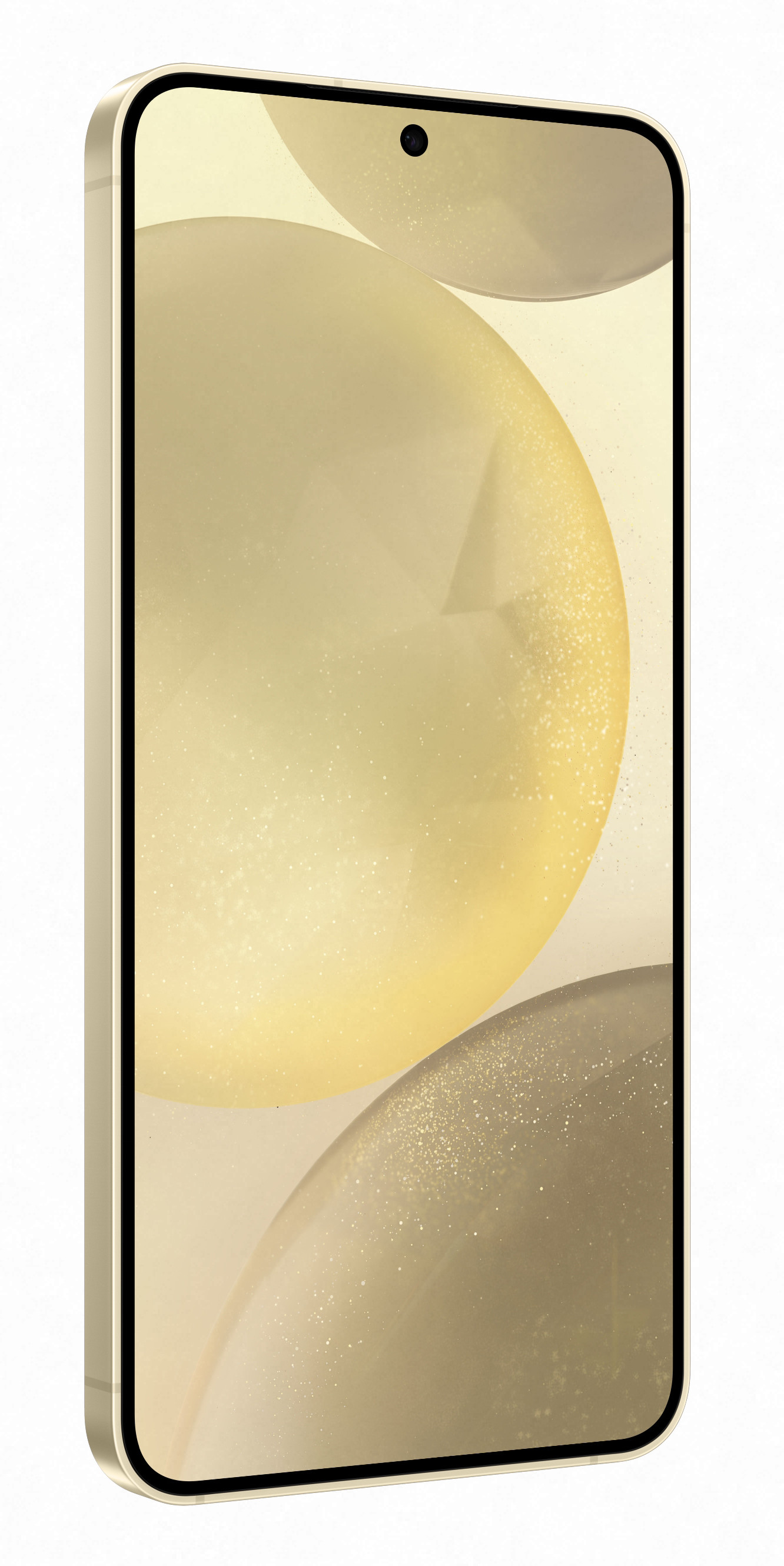 Złoty smartfon z boku pokazujący tapetę z abstrakcyjnymi kształtami.
