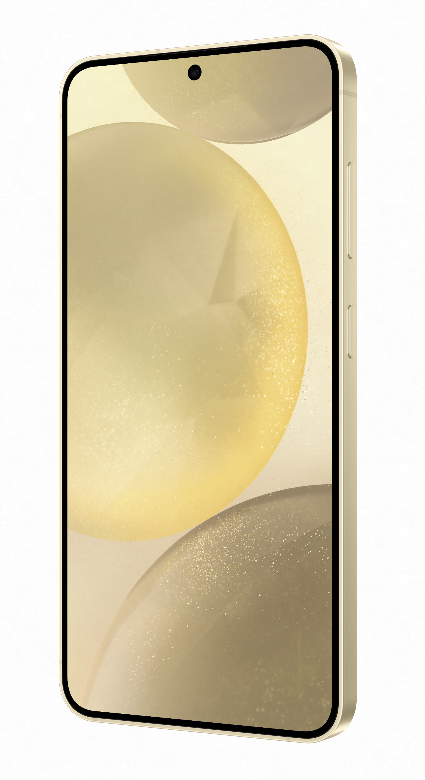 Złoty smartfon z trzema rozmytymi złotymi kulami na białym tle.