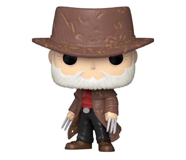 Figurka Funko Pop Wolverine. To figurka mężczyzny z brązowym kapeluszem, płaszczem i pazurami.