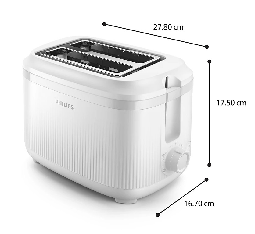 Biały toster Philips ze specyfikacją wymiarów.