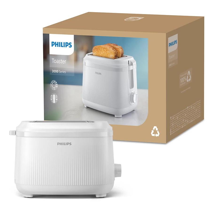 Biały toster Philips z pudełkiem w tle. Pudełko pokazuje obraz tostów.