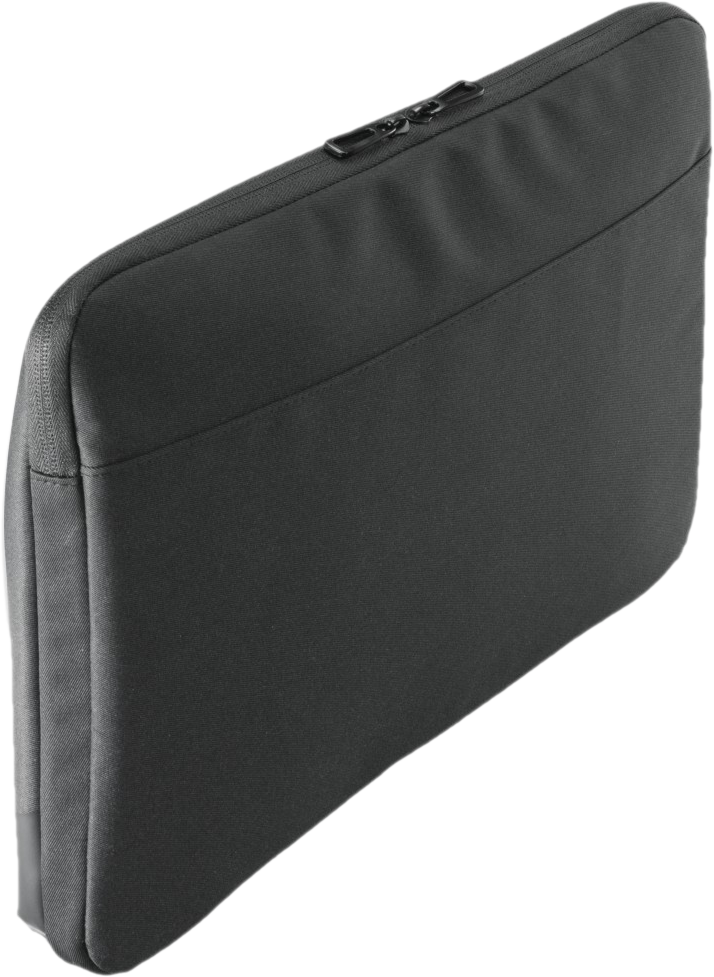 Schwarze Laptoptasche. Angesichtete Ansicht, zeigt die Vorder- und Seite. Reißverschluss und Tasche.