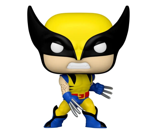 Figurka Funko Pop Wolverine, żółto-niebieski strój, wysunięte pazury, białe tło.