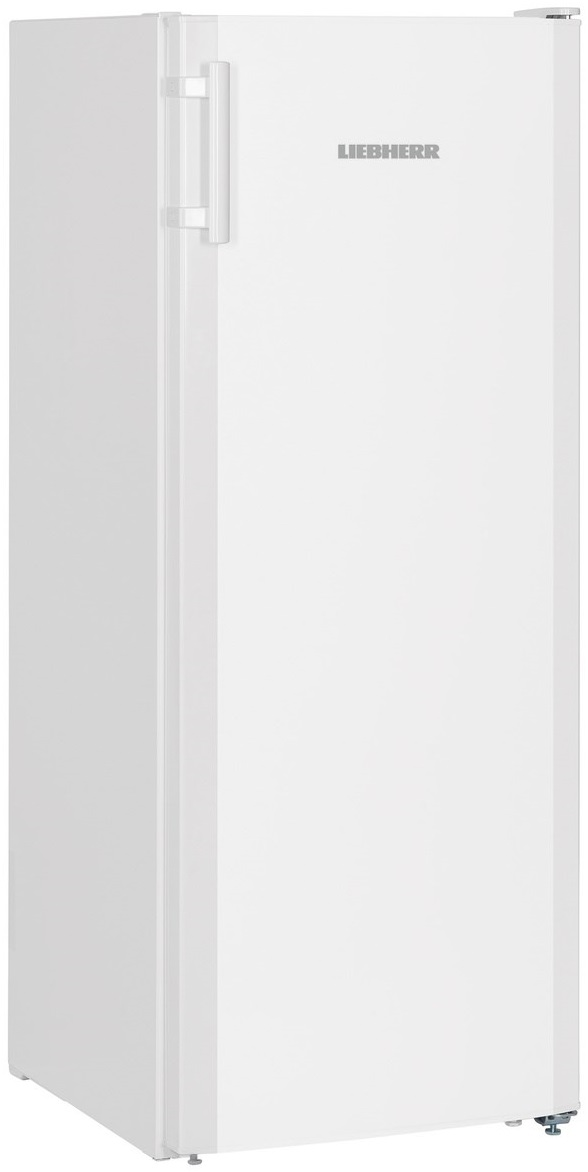 Wysoka, biała lodówka stojąca w pozycji pionowej. Marka Liebherr jest widoczna na drzwiach.