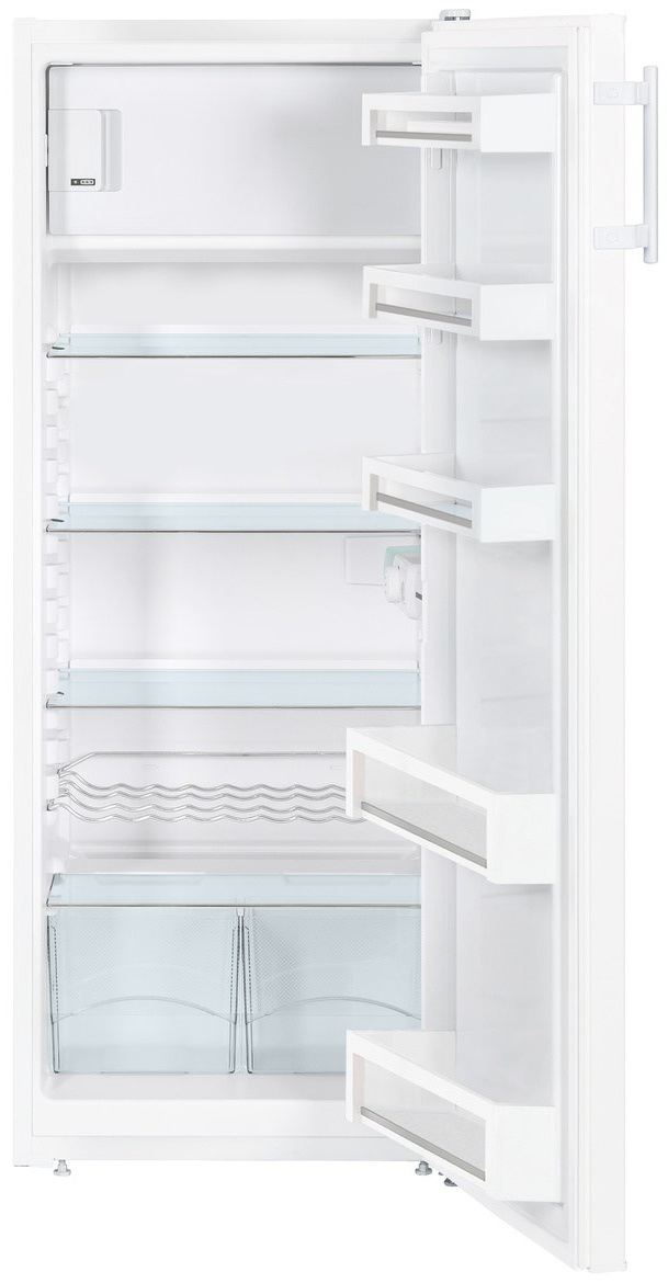 Wnętrze białej lodówki, otwarte drzwi. Widoczne półki, szuflady i przestrzeń do przechowywania.