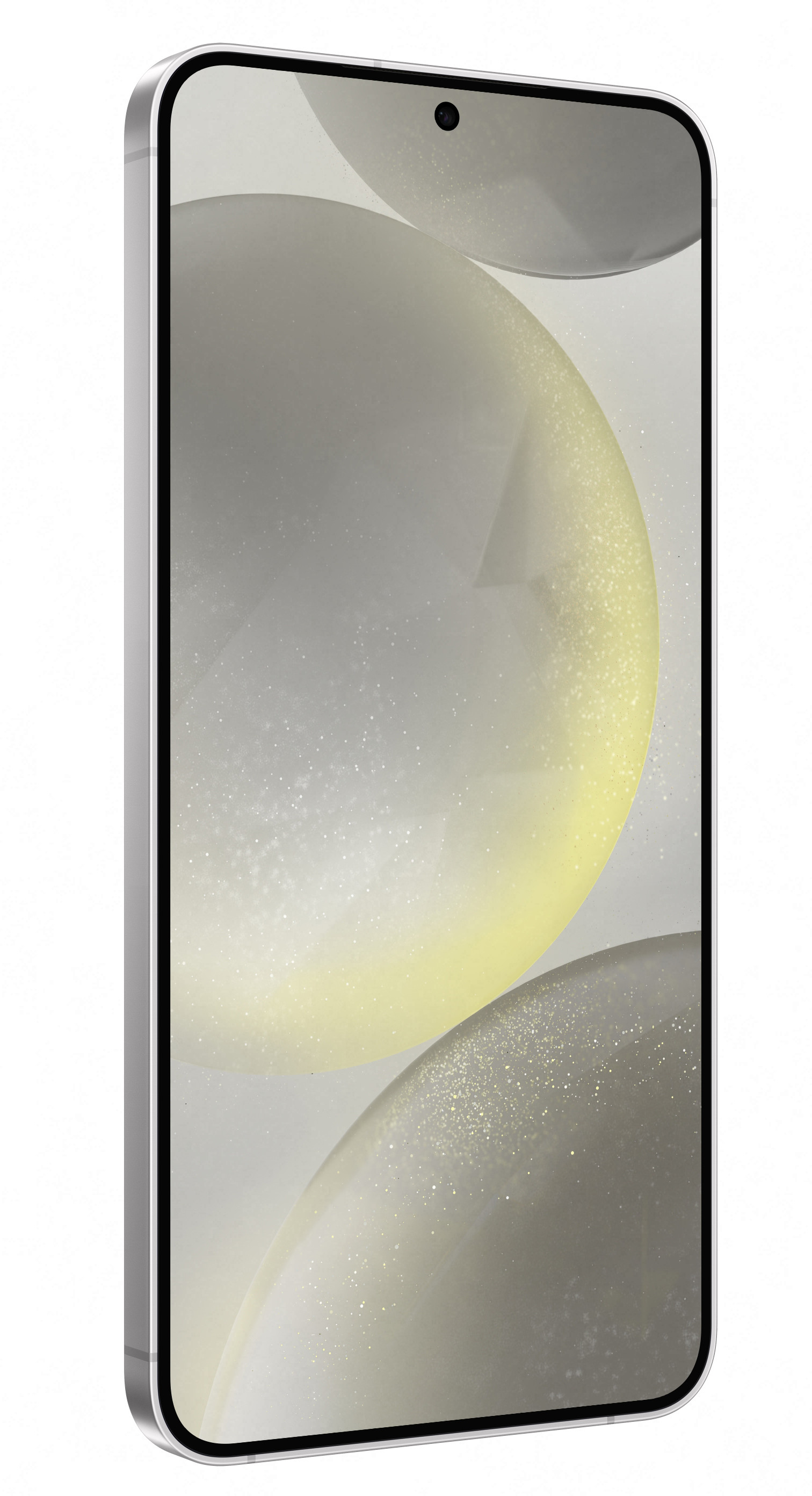Srebrny smartfon z dużym ekranem i tłem z abstrakcyjnych szarych kół.