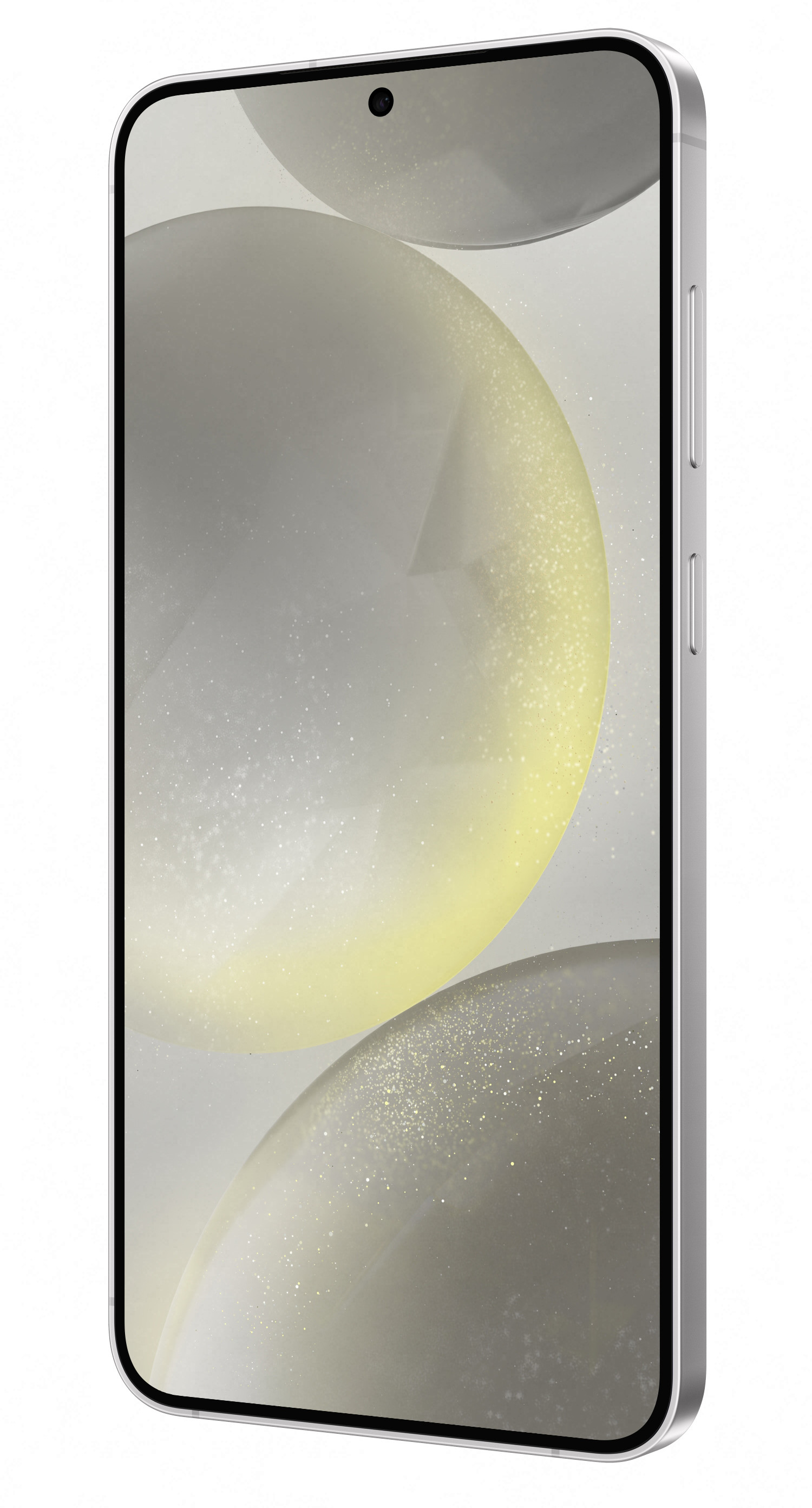 Smartfon ze srebrną ramką, wyświetlający abstrakcyjne kształty na ekranie, białe tło.