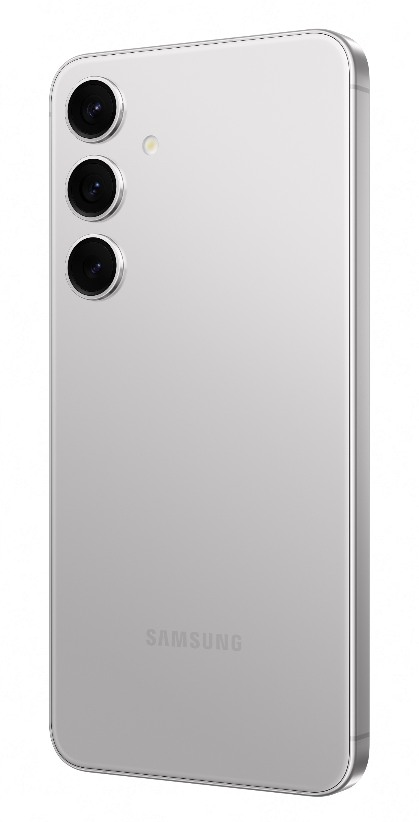 Srebrny tył smartfona z trzema aparatami. Widoczne logo SAMSUNG. Telefon na białym tle.