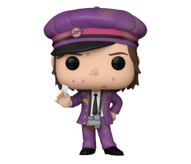 Figurka Funko Pop przedstawiająca mężczyznę w fioletowym mundurze trzymającego kartę.
