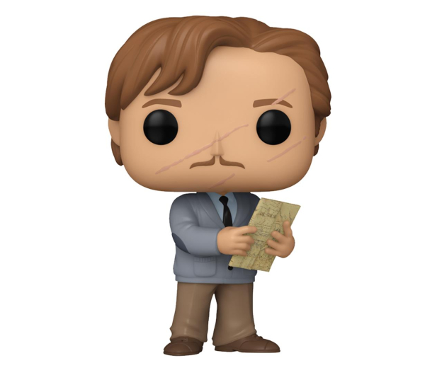 Figurka Funko Pop mężczyzny z bliznami, trzymającego mapę. Białe tło.