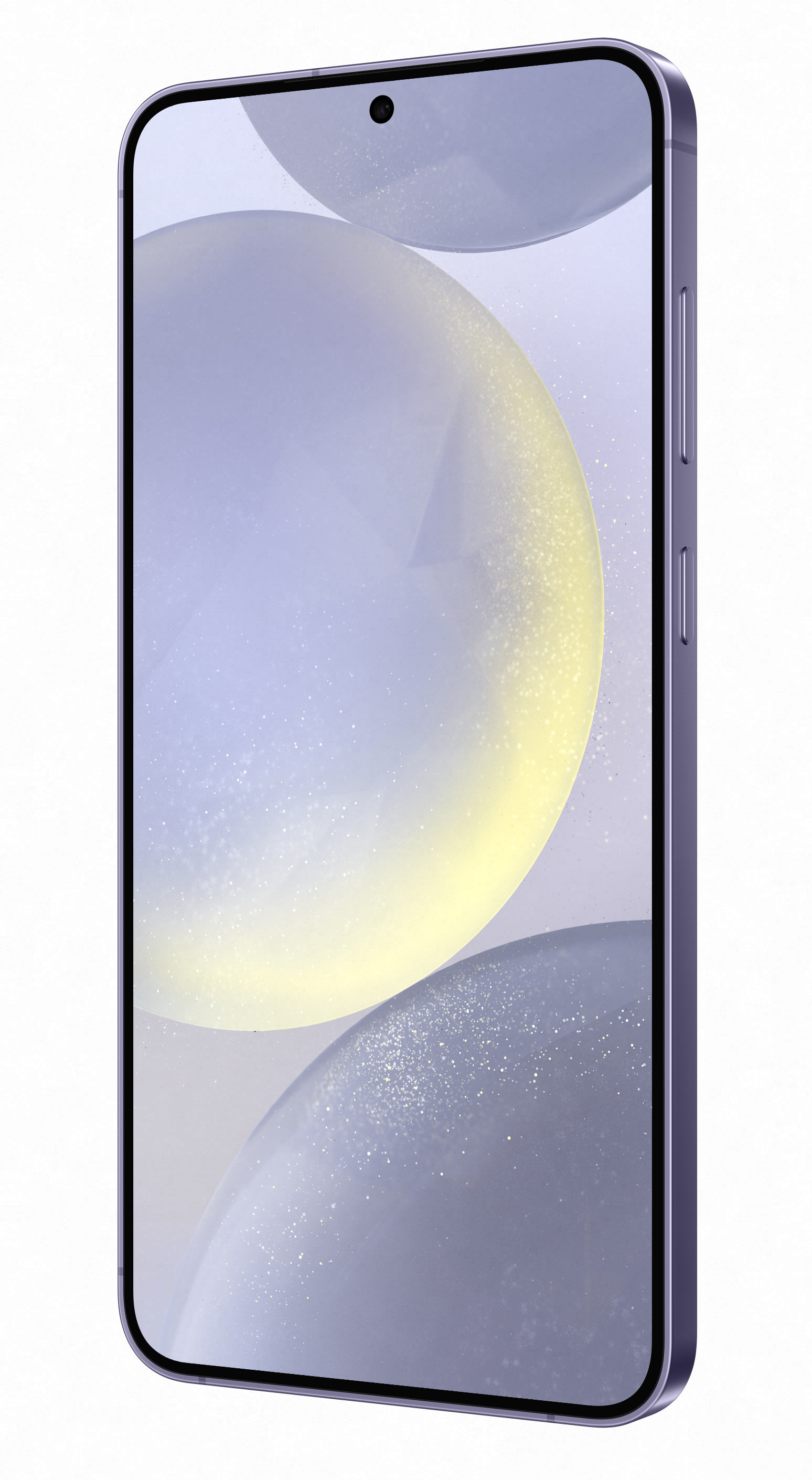 Fioletowy smartfon z ekranem pokazującym rozmyte tło i pojedynczym aparatem.