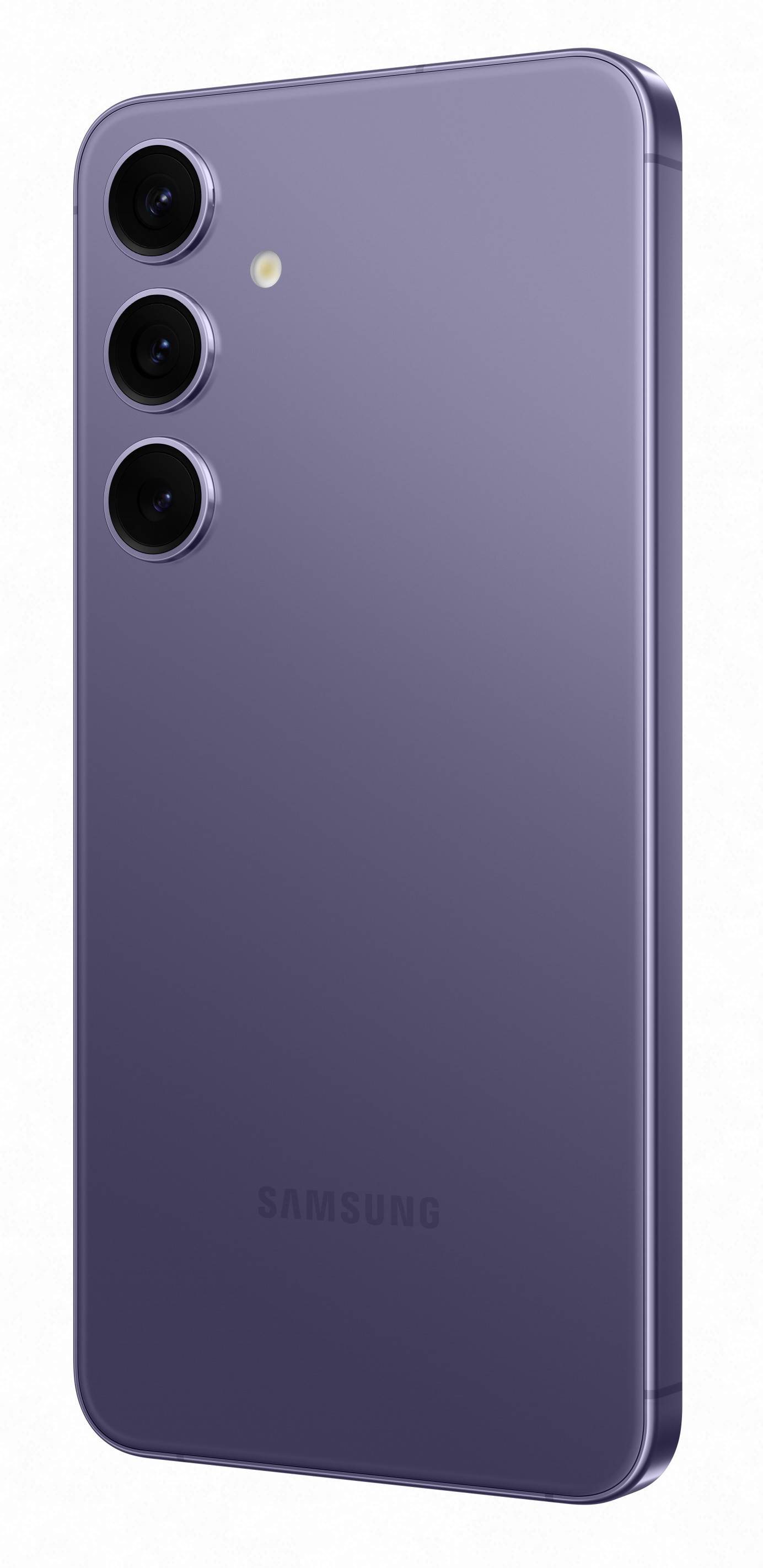 Fioletowy telefon z trzema aparatami z tyłu. Logo SAMSUNG znajduje się na dole.