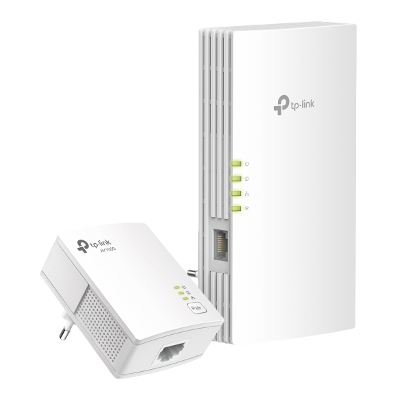Zwei weiße TP-Link Geräte. Eines ist ein Powerline-Adapter, das andere ein größerer Extender. Schwarzer Hintergrund.