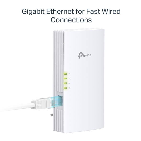 Weißer TP-Link Router mit Netzwerkkabel, Lichter leuchten.