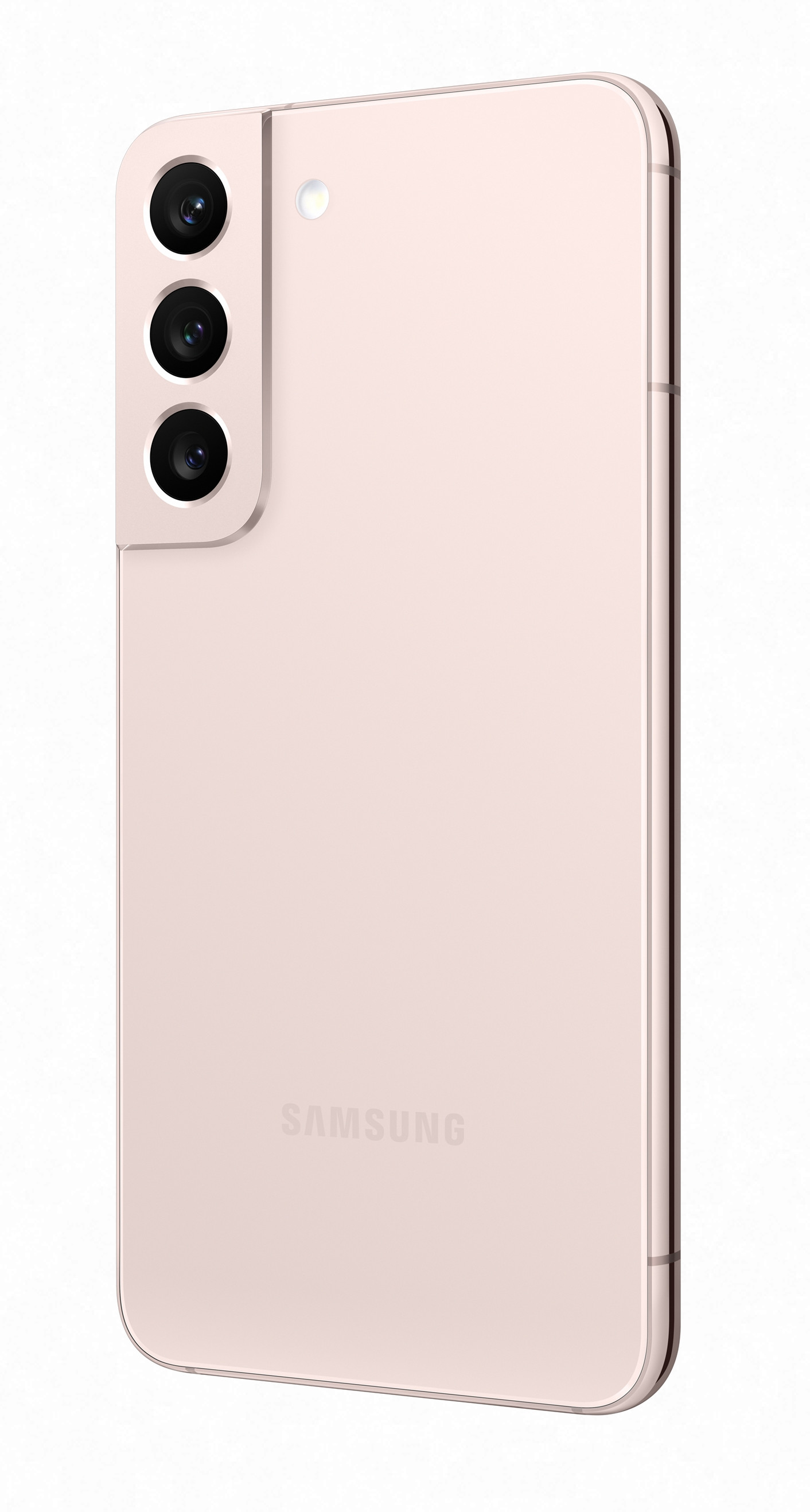 Różowy tył smartfona z potrójnym obiektywem aparatu i białym logo Samsung.