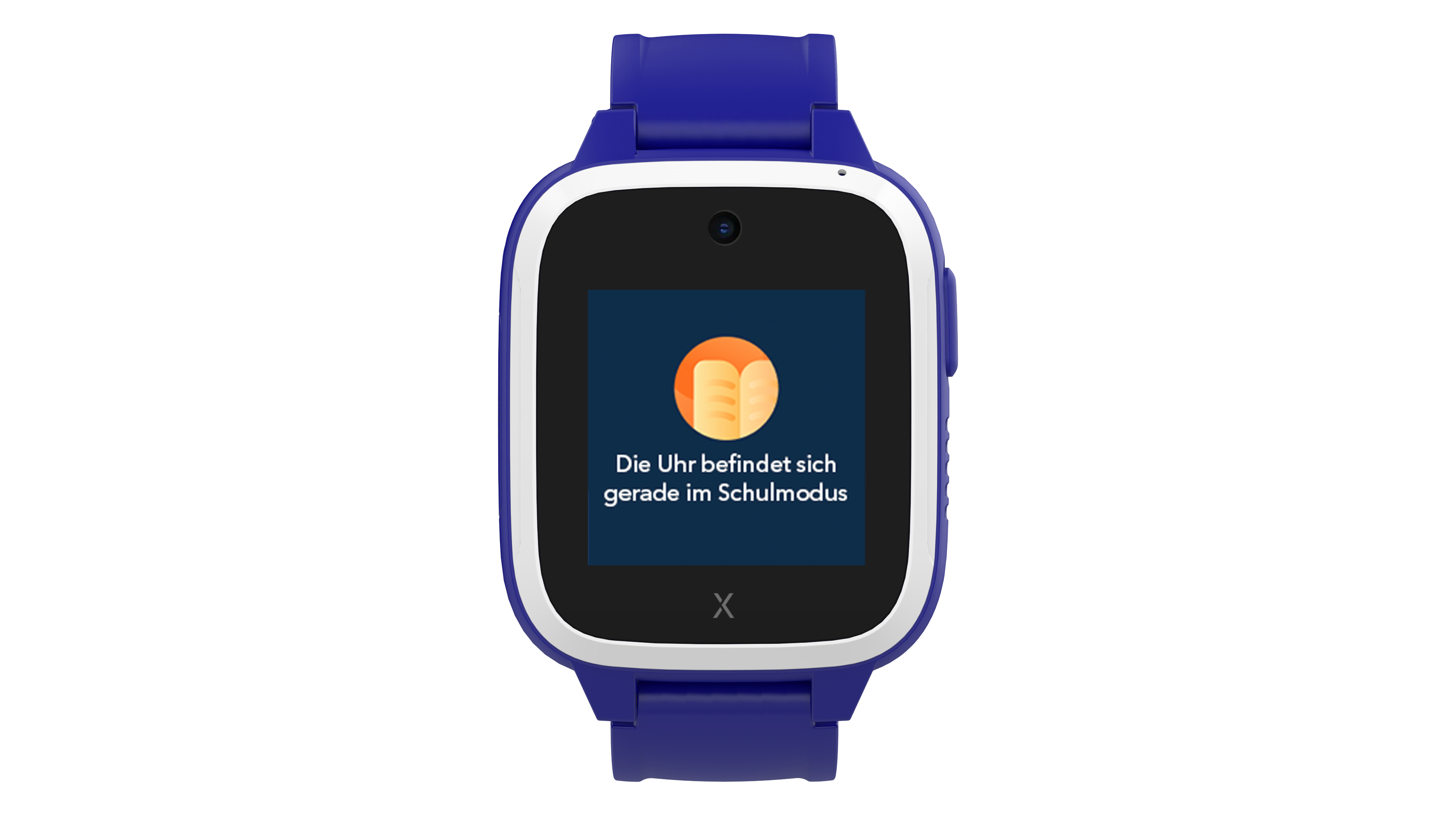 Blaue Smartwatch mit Bildschirm, der Text auf Deutsch anzeigt.