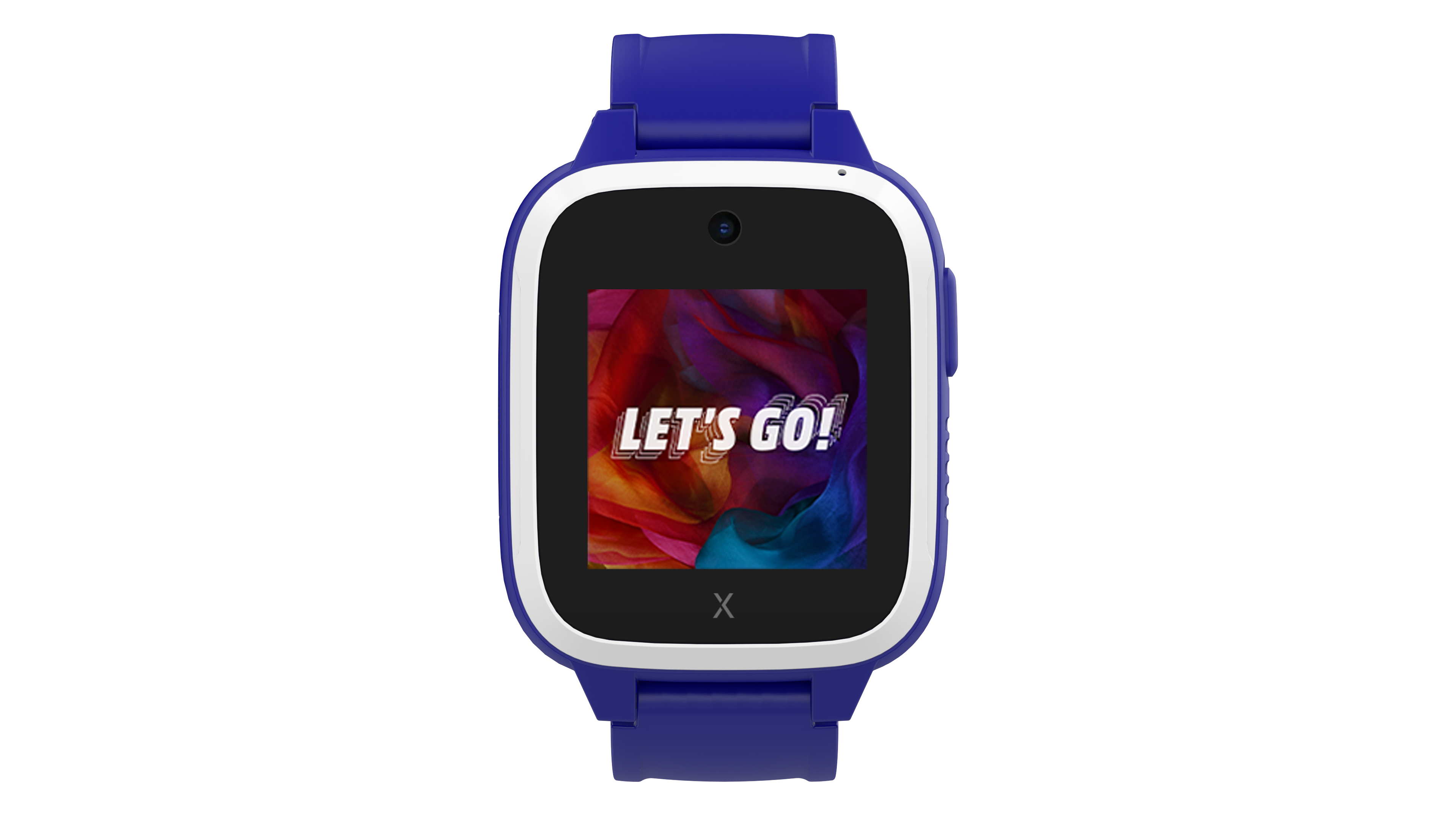 Blaue Smartwatch mit farbigem Bildschirm, der "LET'S GO!" anzeigt, und weißem Rahmen.