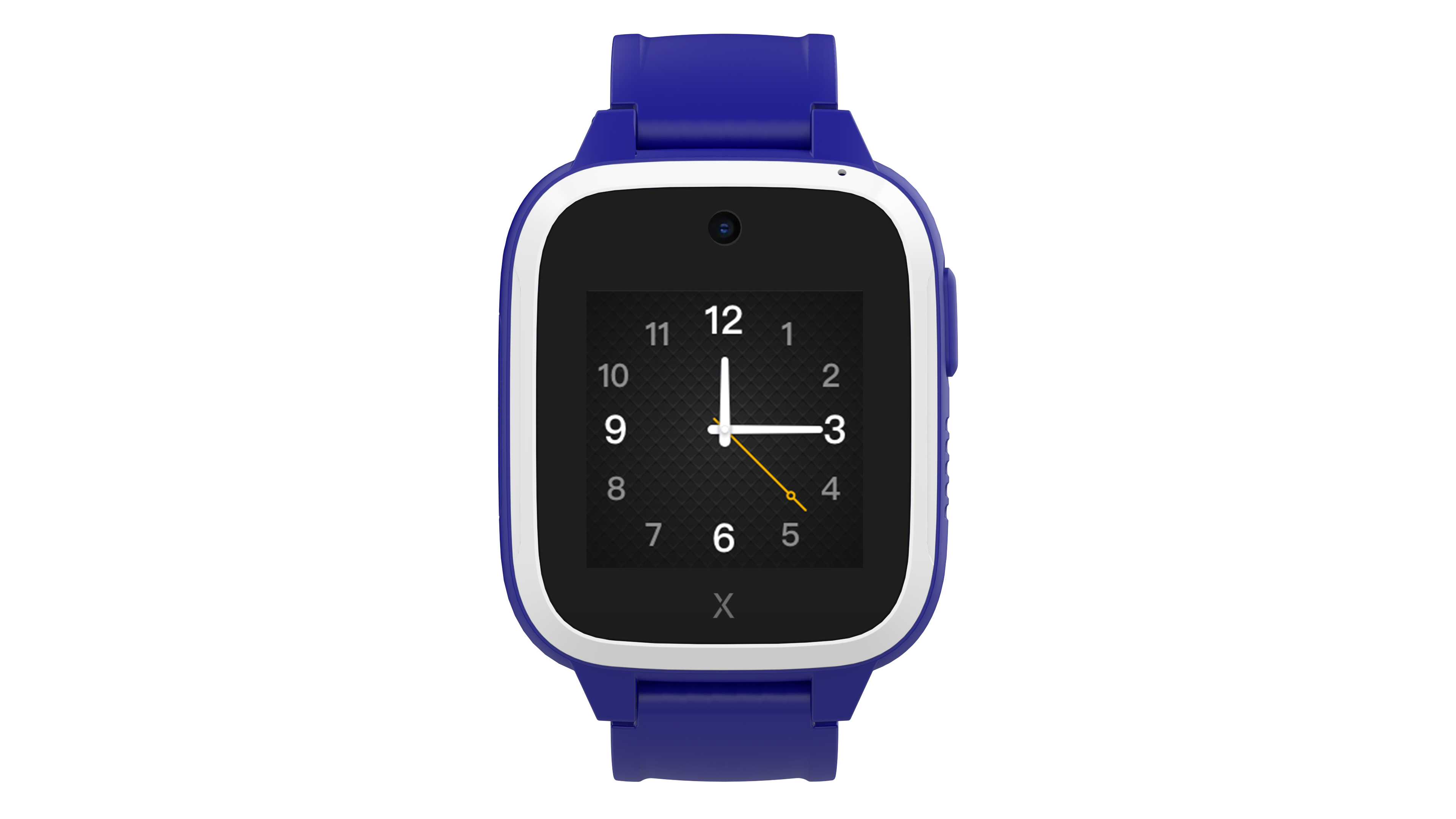 Blau-weiße Smartwatch mit rundem, schwarzem Display. Zeigt Zeit und andere Informationen an.