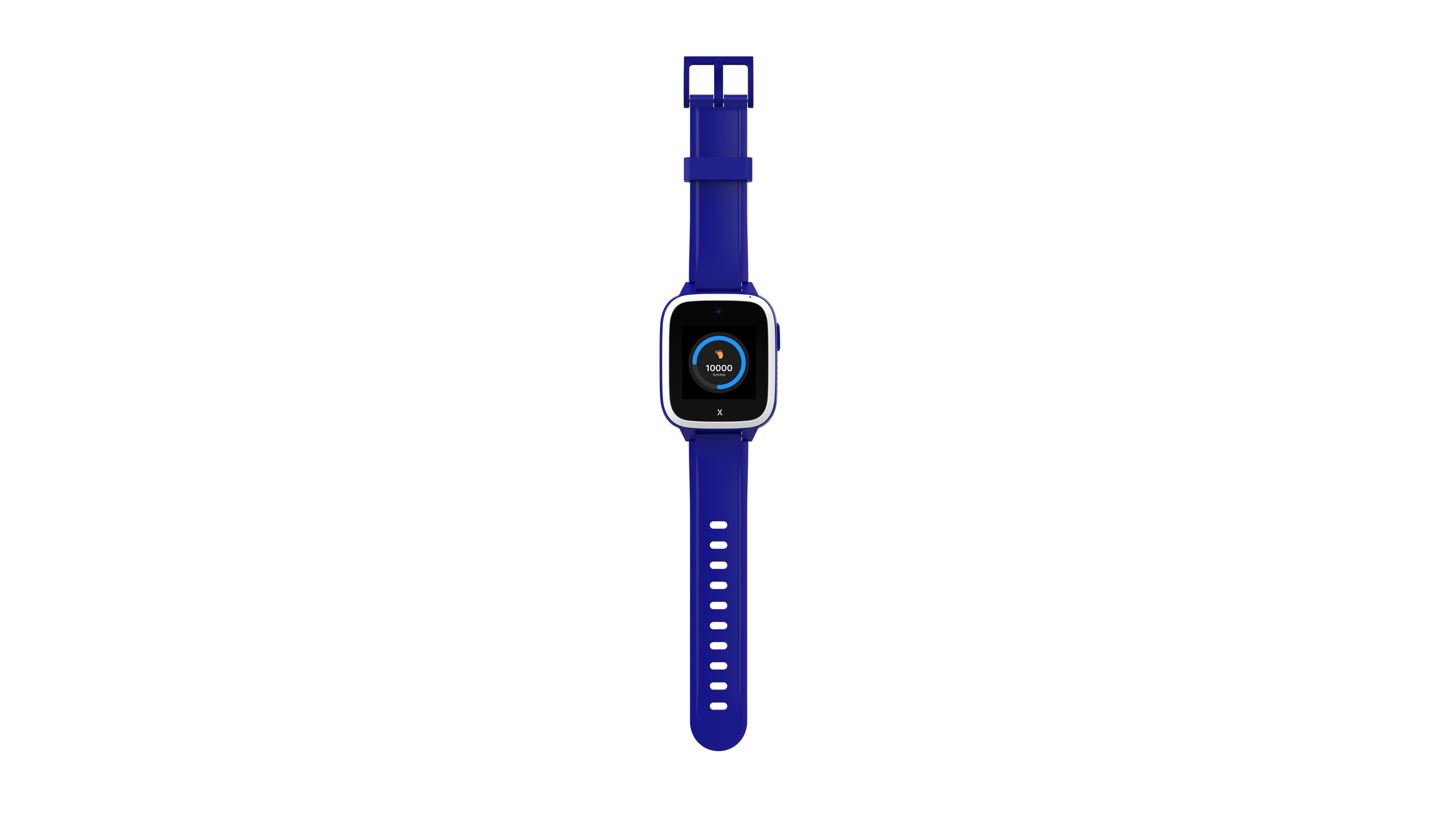 Blaue Smartwatch auf weißem Hintergrund. Der Bildschirm zeigt Schritte. Blaues Armband mit Schnalle ist befestigt.