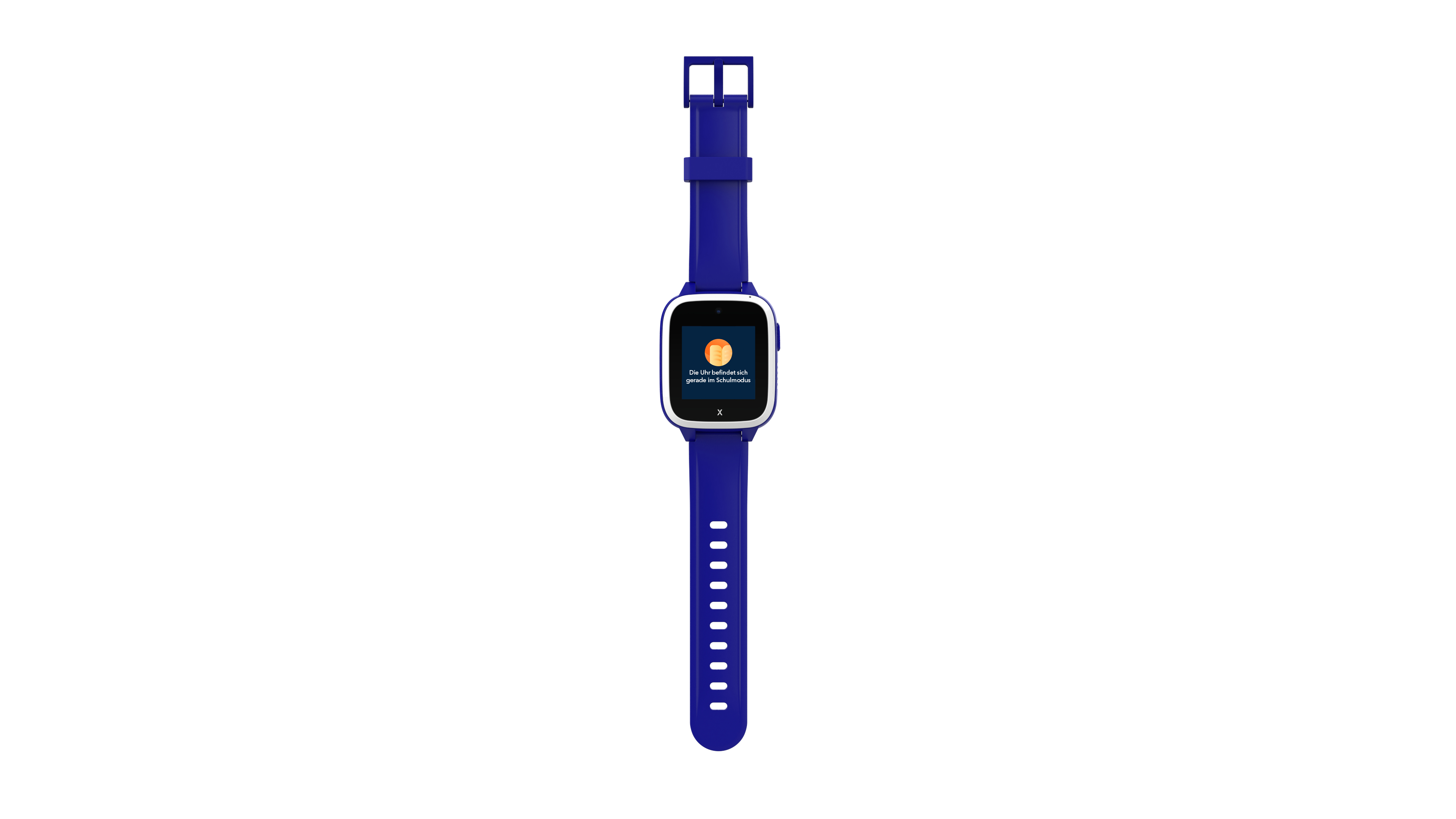 Eine blaue Smartwatch mit einem Text anzeigenden Bildschirm, isoliert auf weißem Untergrund.