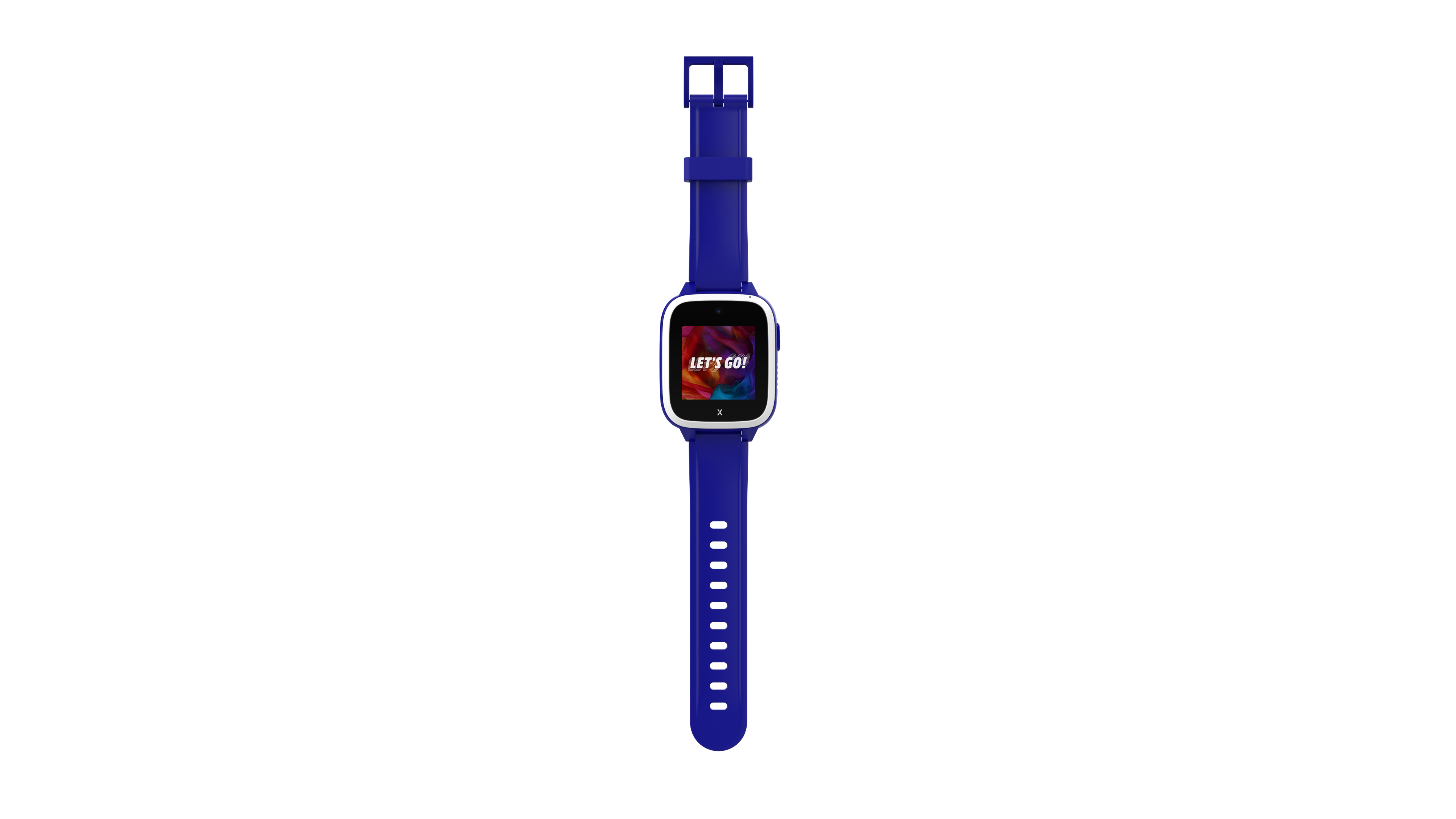 Blaue Smartwatch mit farbigem Bildschirm, weißem Hintergrund und blauem Armband.