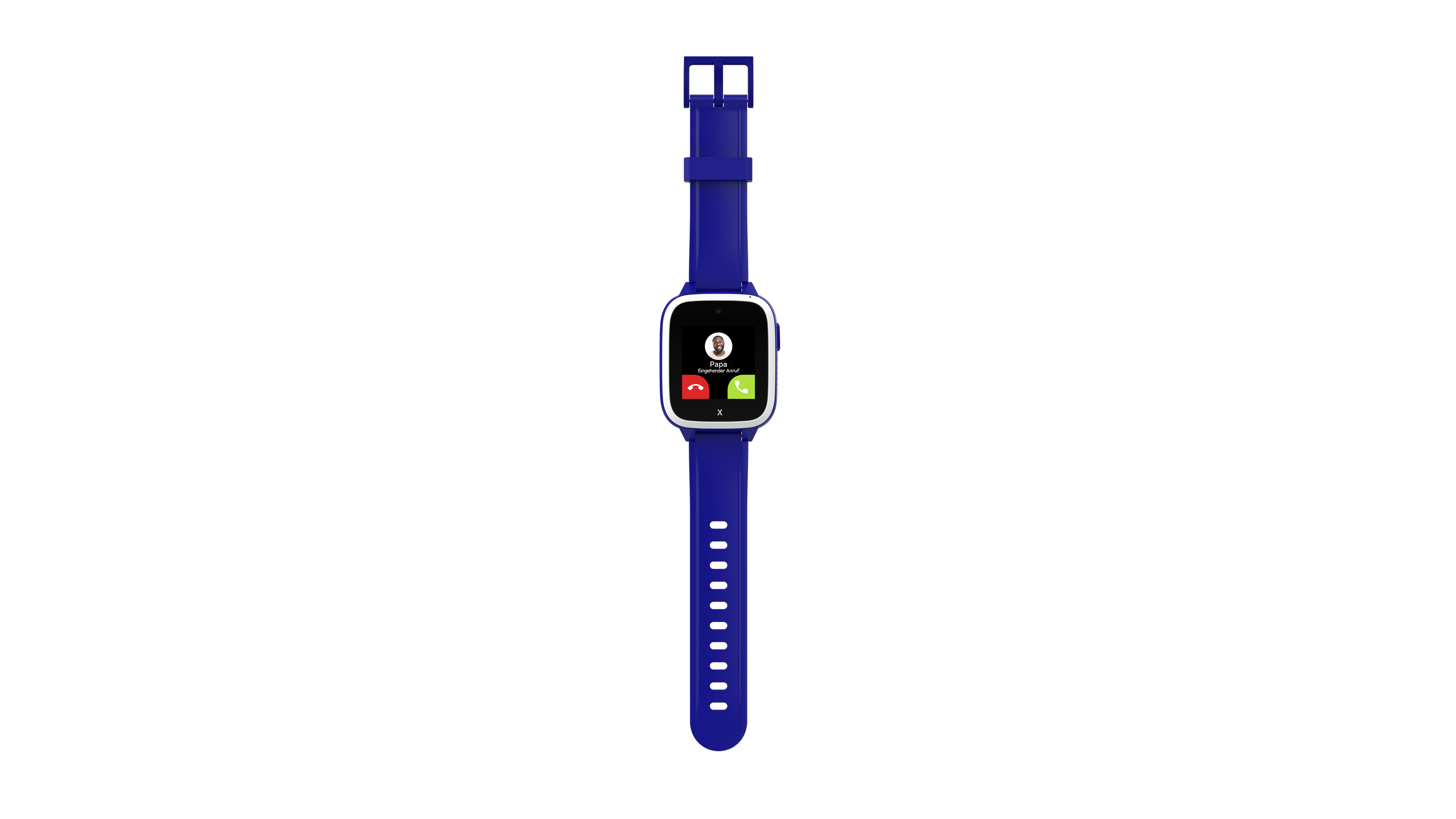 Blaue Smartwatch mit Anrufschnittstelle auf weißem Hintergrund.