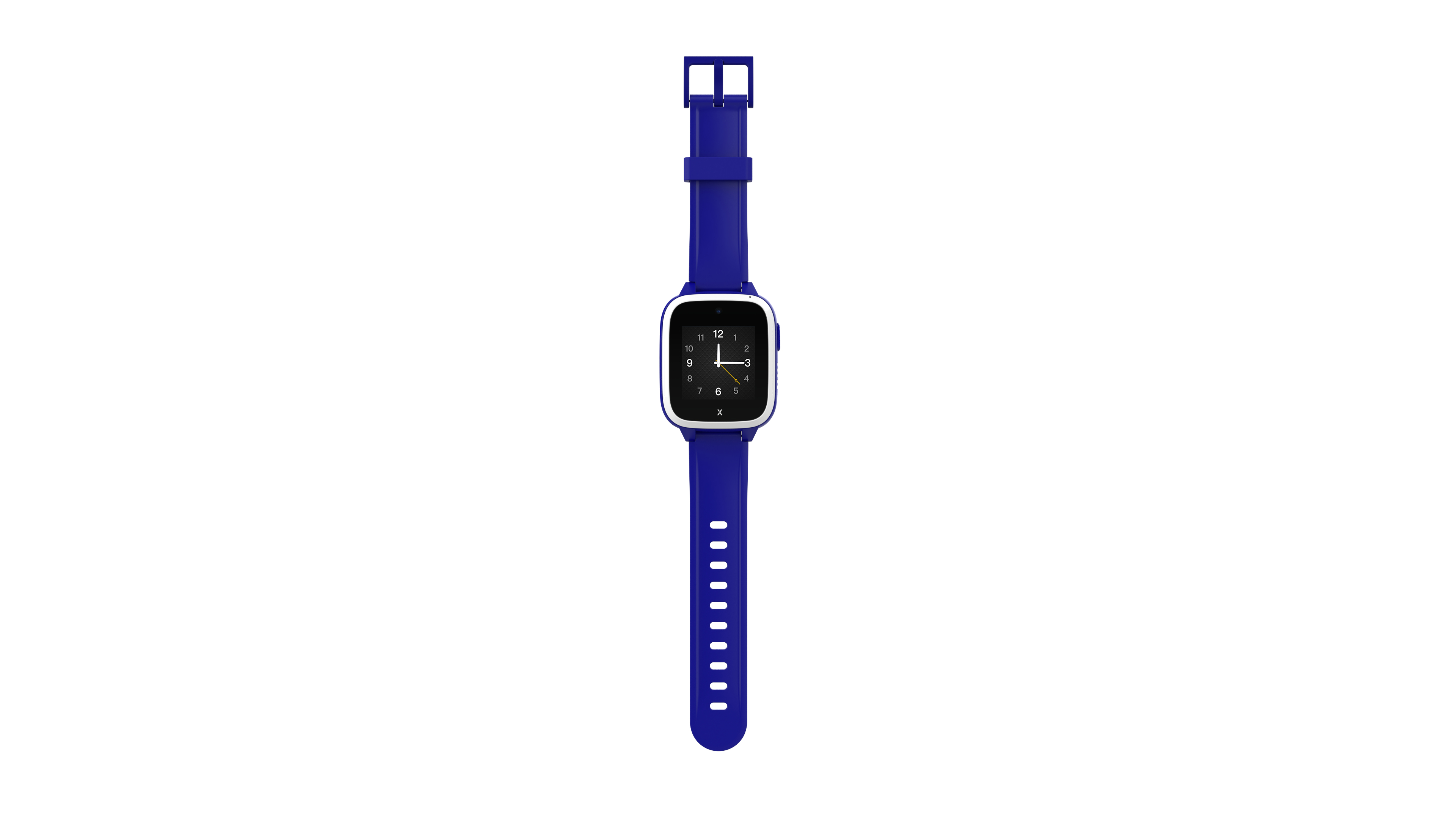 Blaue Smartwatch mit blauem Armband, weißes Zifferblatt mit Uhrzeit.