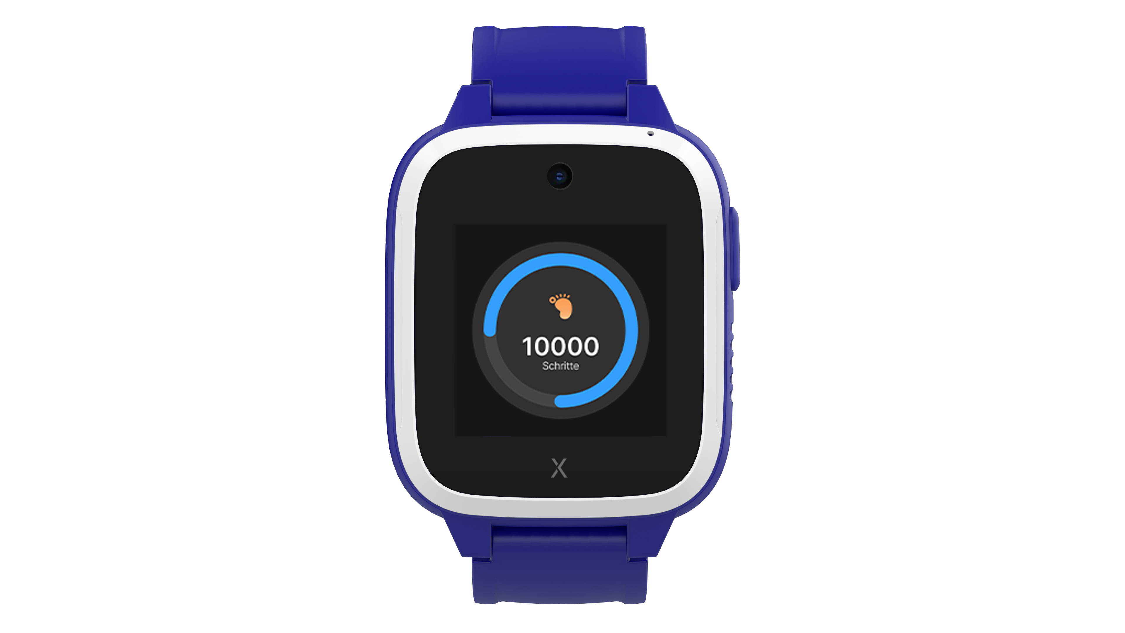 Blaue Smartwatch, die Schritte anzeigt. Sie hat einen weißen Rahmen und ein blaues Armband.
