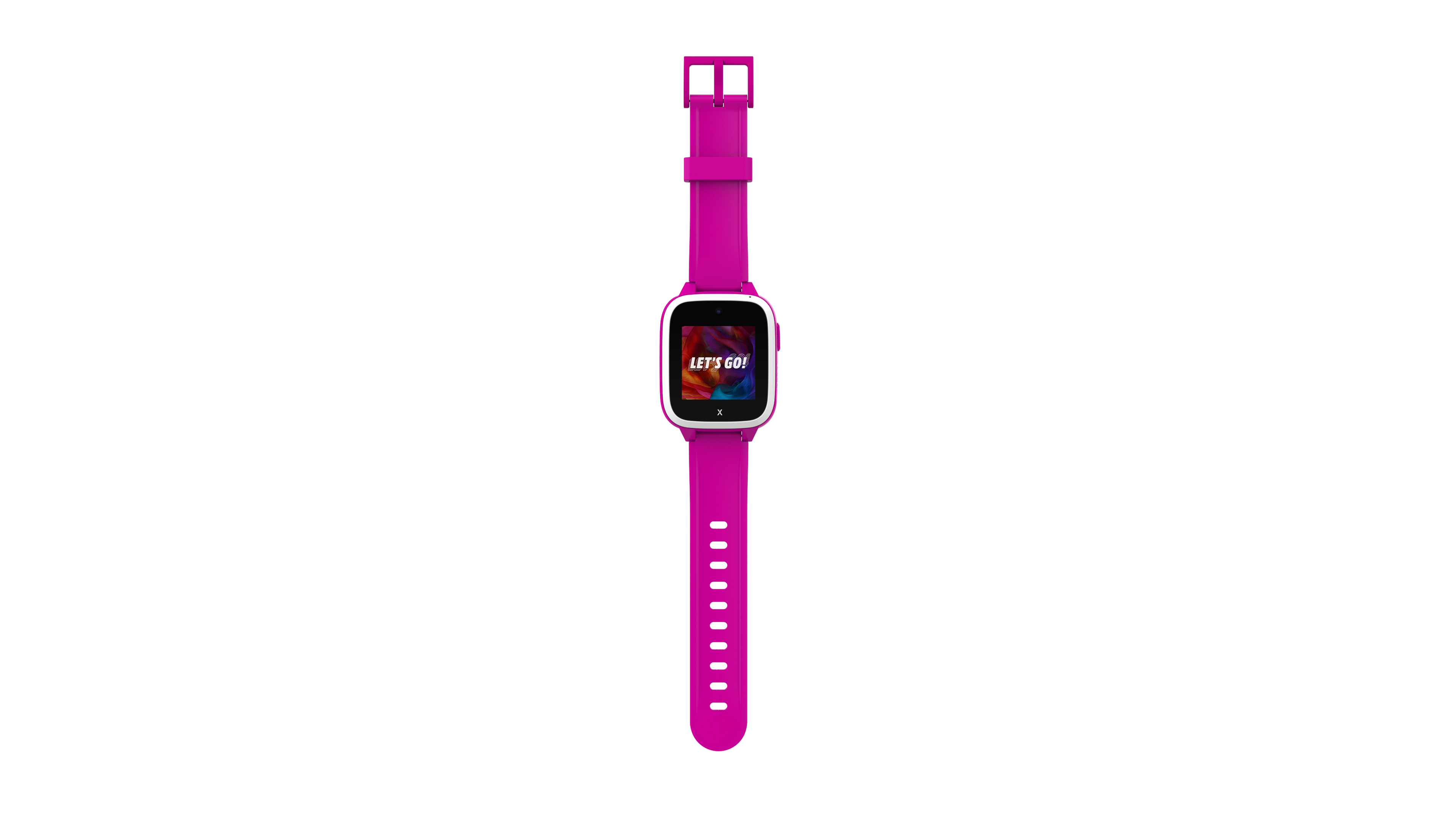 Rosa Smartwatch mit pinkfarbenem Armband, weißer Hintergrund. Der Bildschirm zeigt "LET'S GO!"