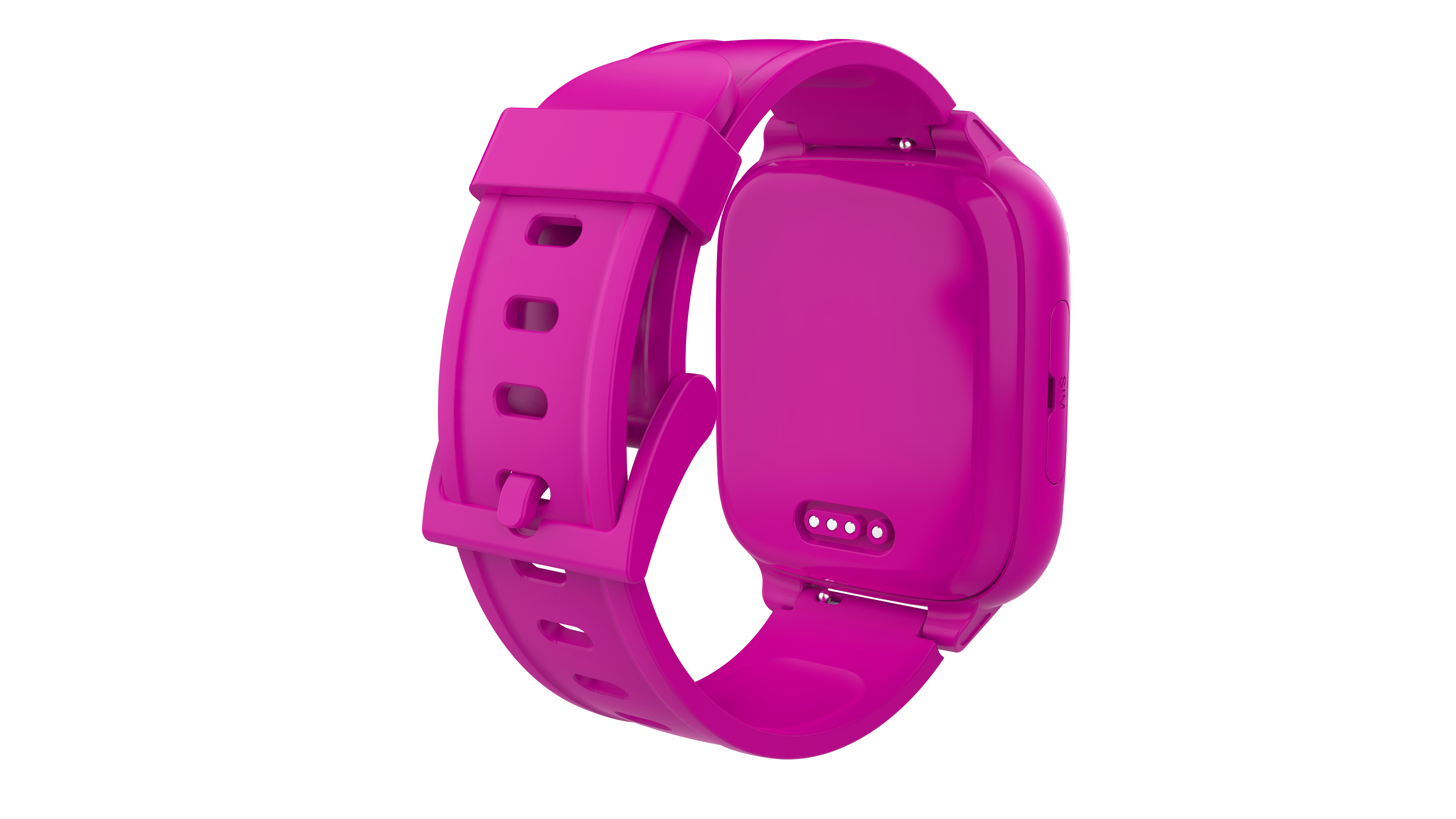 Eine rosa Smartwatch mit rosa Armband, von hinten betrachtet. Drei Ladepunkte sind sichtbar.