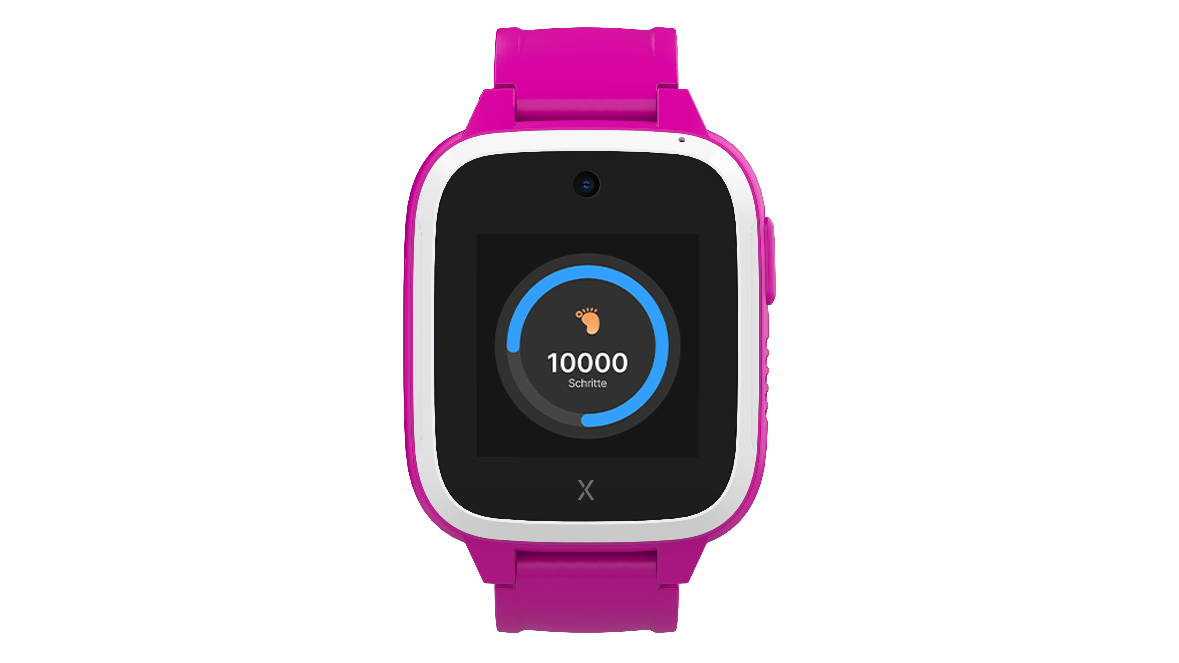 Rosafarbene Smartwatch mit weißem Rand und schwarzem Bildschirm, der Schritte und ein Handsymbol anzeigt. Das Band ist rosa.