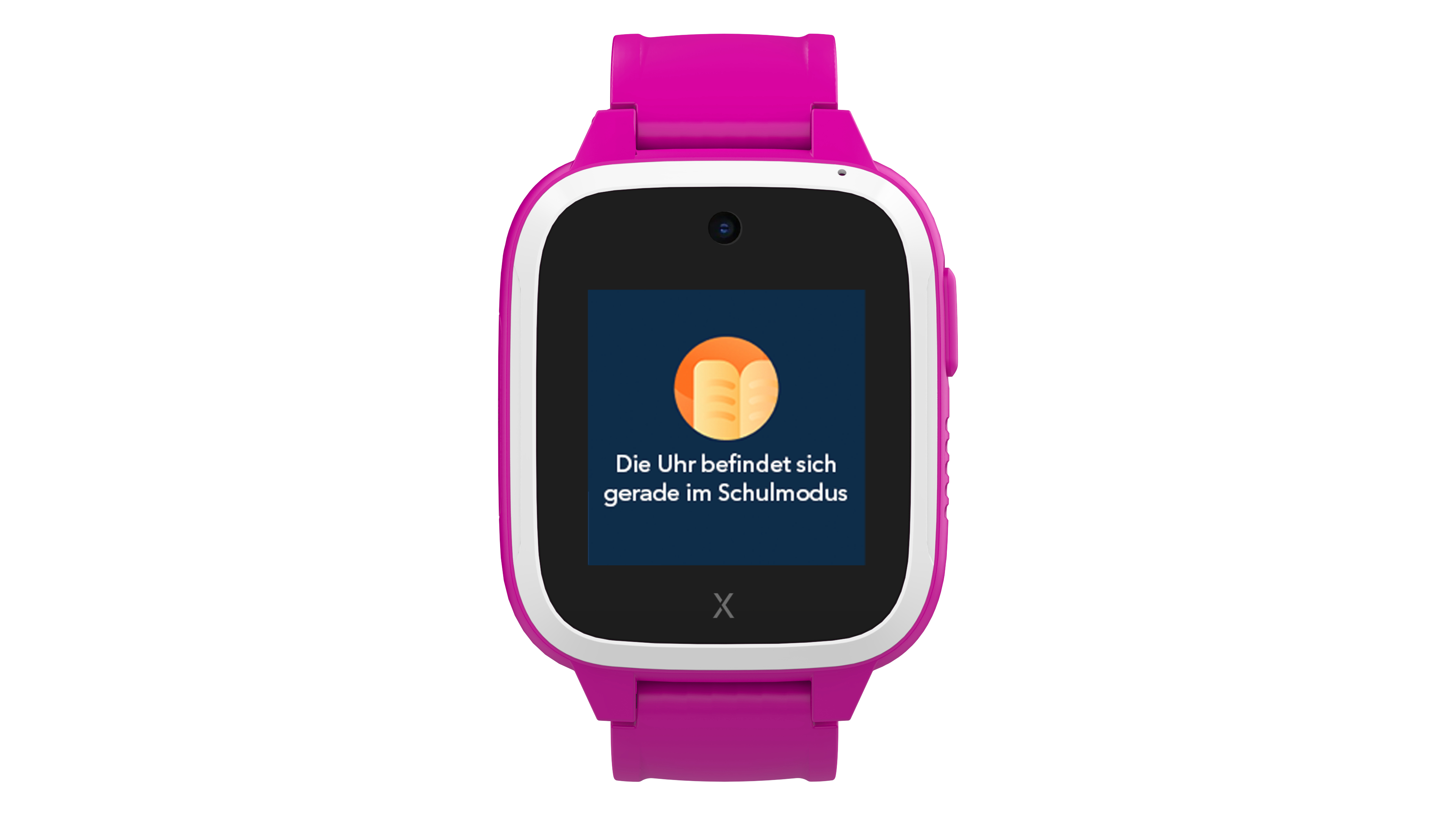 Eine pinkfarbene Smartwatch mit weißem Bildschirm, der eine Nachricht anzeigt.