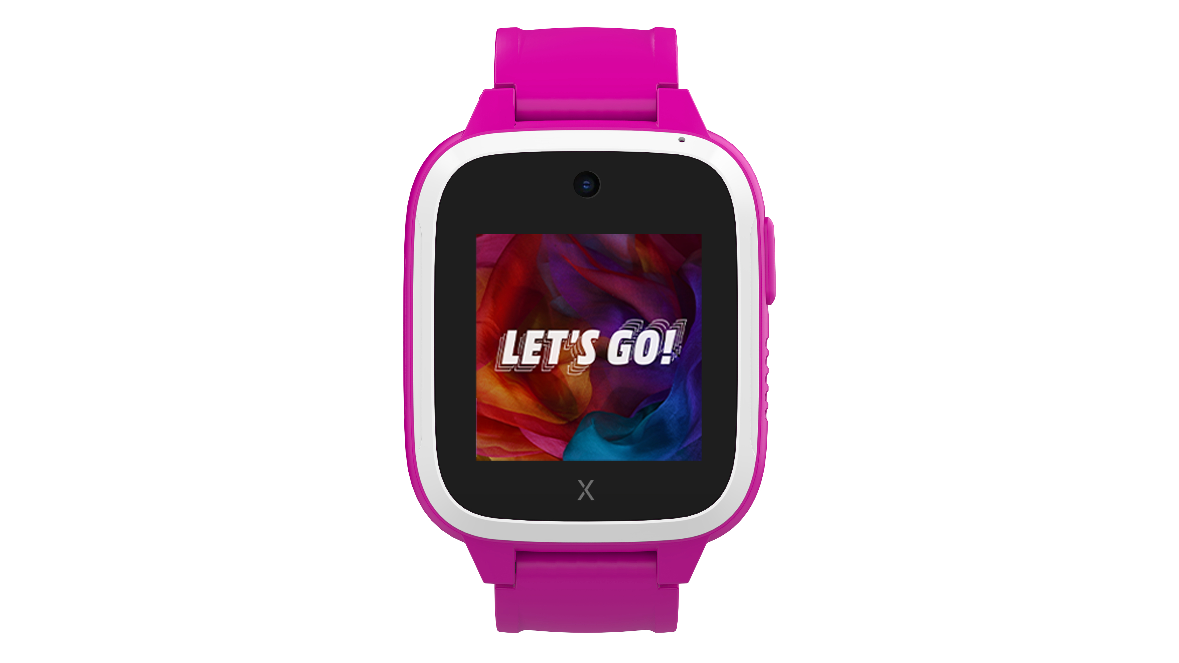 Rosa Smartwatch mit weißem Rahmen, zeigt "LET'S GO!" an.