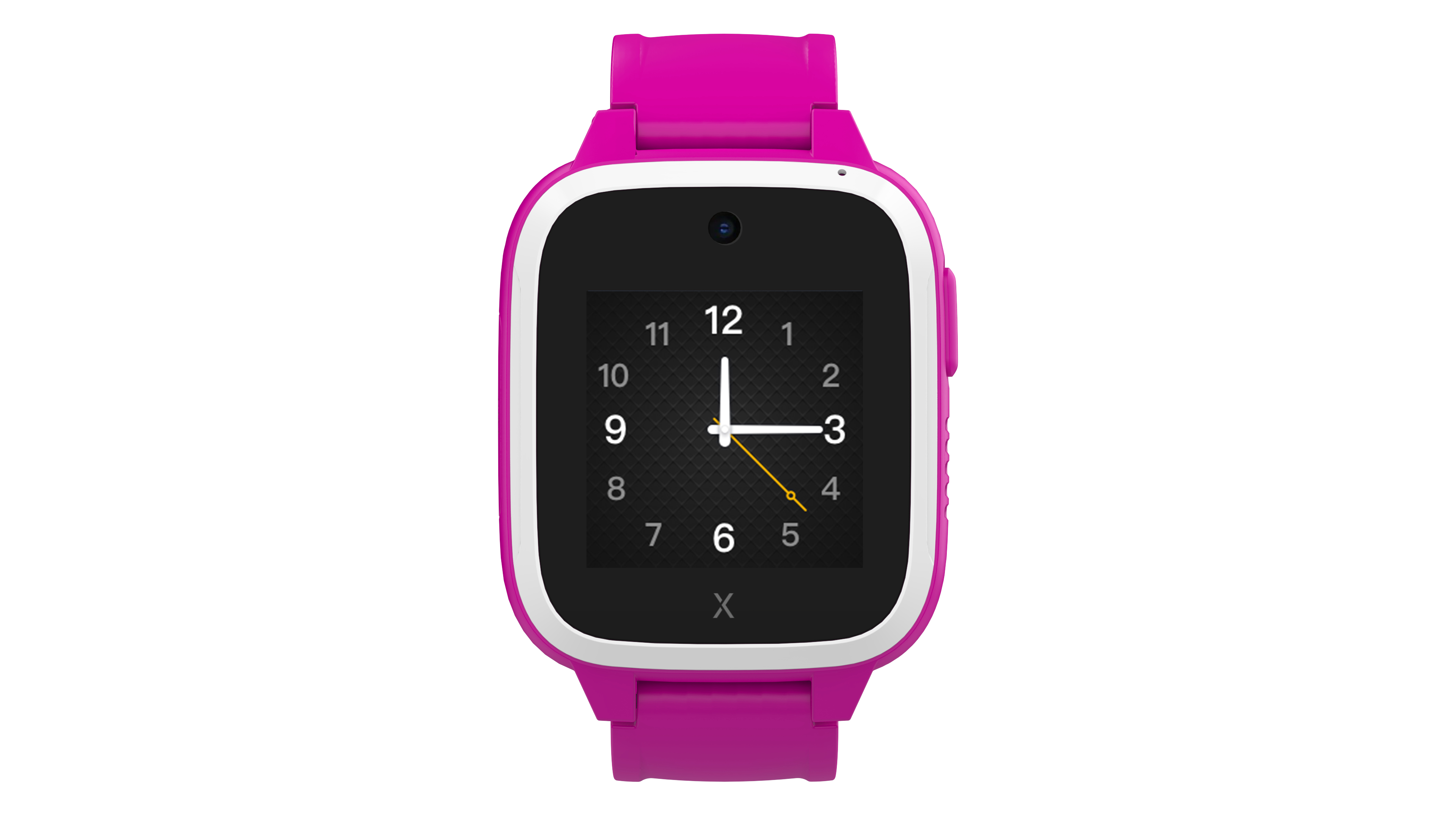 Rosa Smartwatch mit weißem Bildschirm, der die Uhrzeit anzeigt, und rosa Armband.
