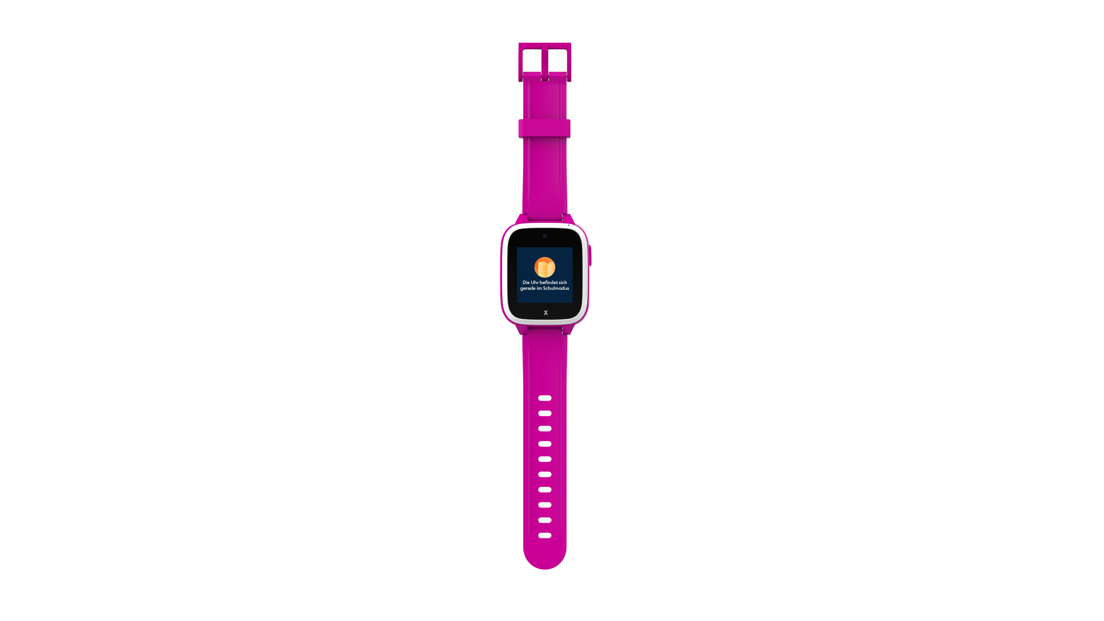 Eine pinkfarbene Smartwatch auf weißem Hintergrund, die deutschen Text auf dem Bildschirm zeigt.