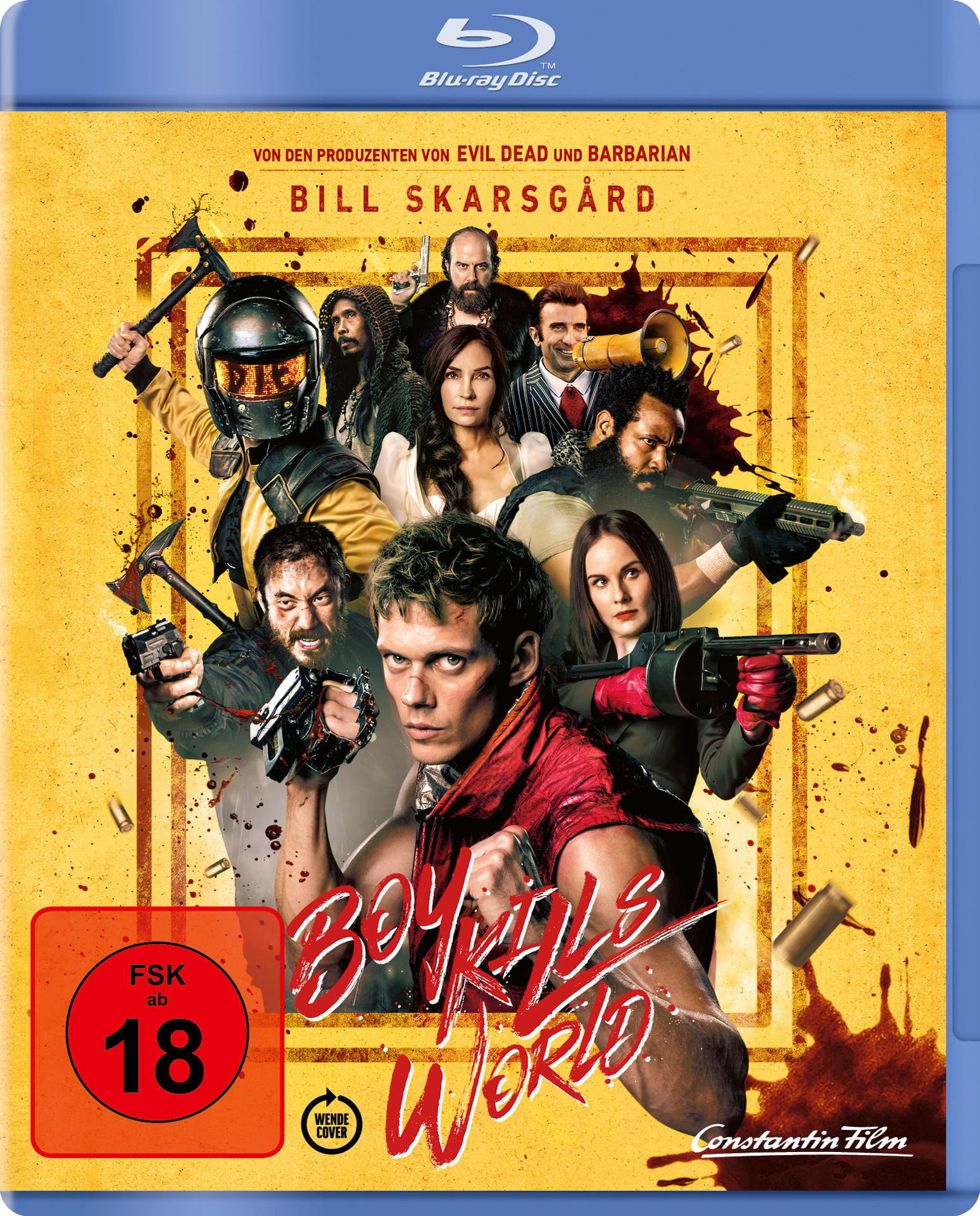 Filmcover, eine Gruppe von Menschen in Aktion, die Waffen halten. Titel: Boy Kills World.
