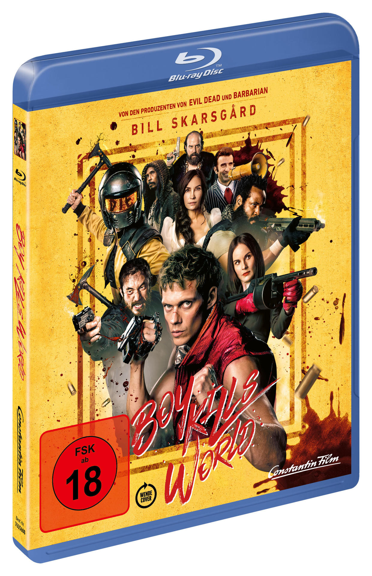 Filmcover: Gruppe von Leuten mit Waffen, roter Text "Boy Kills World".