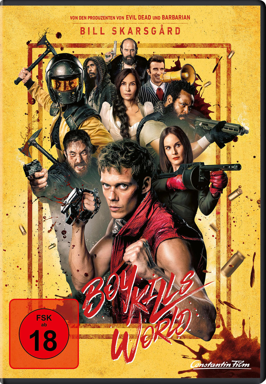 Filmposter: Gruppe von Personen mit Waffen und eine zentrale Figur. Titel: Boy Kills World.