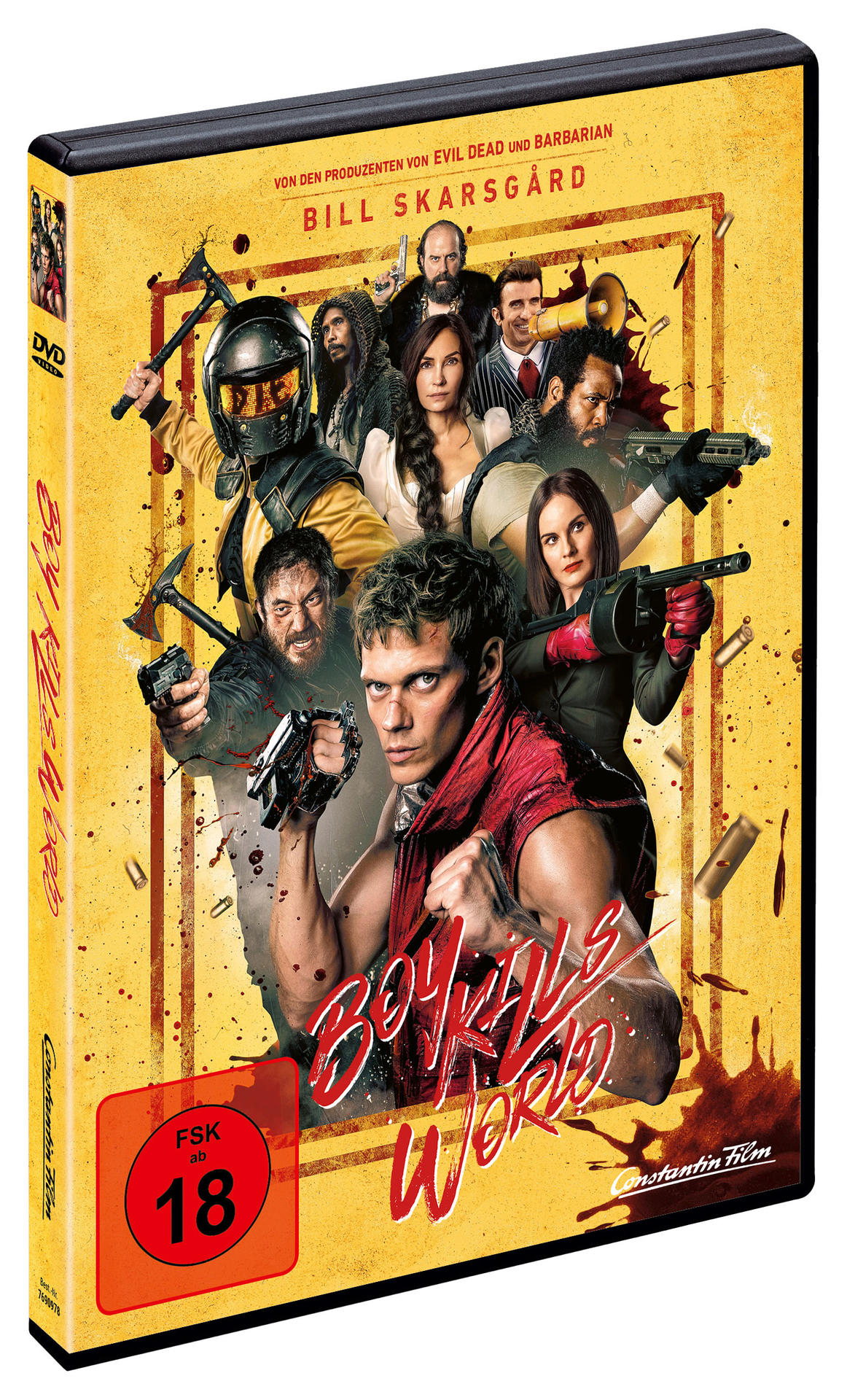 DVD-Cover von 'Boy Kills World'. Enthält eine Collage von Charakteren, mit einem rot-gelben Thema.