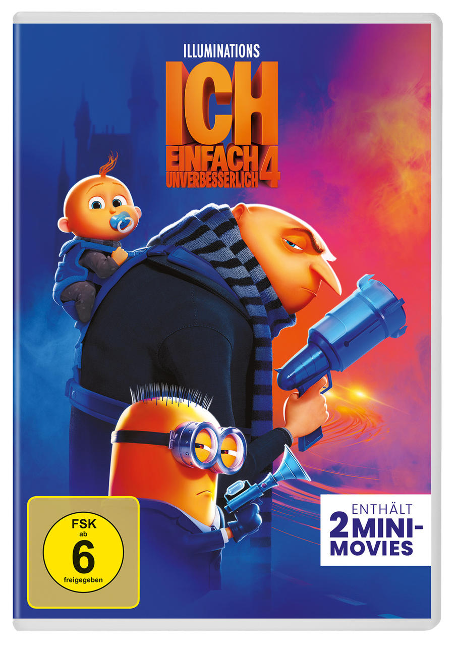 Filmplakat für "Ich - Einfach unverbesserlich 4" mit den Charakteren Gru, einem Minion und einem Baby.