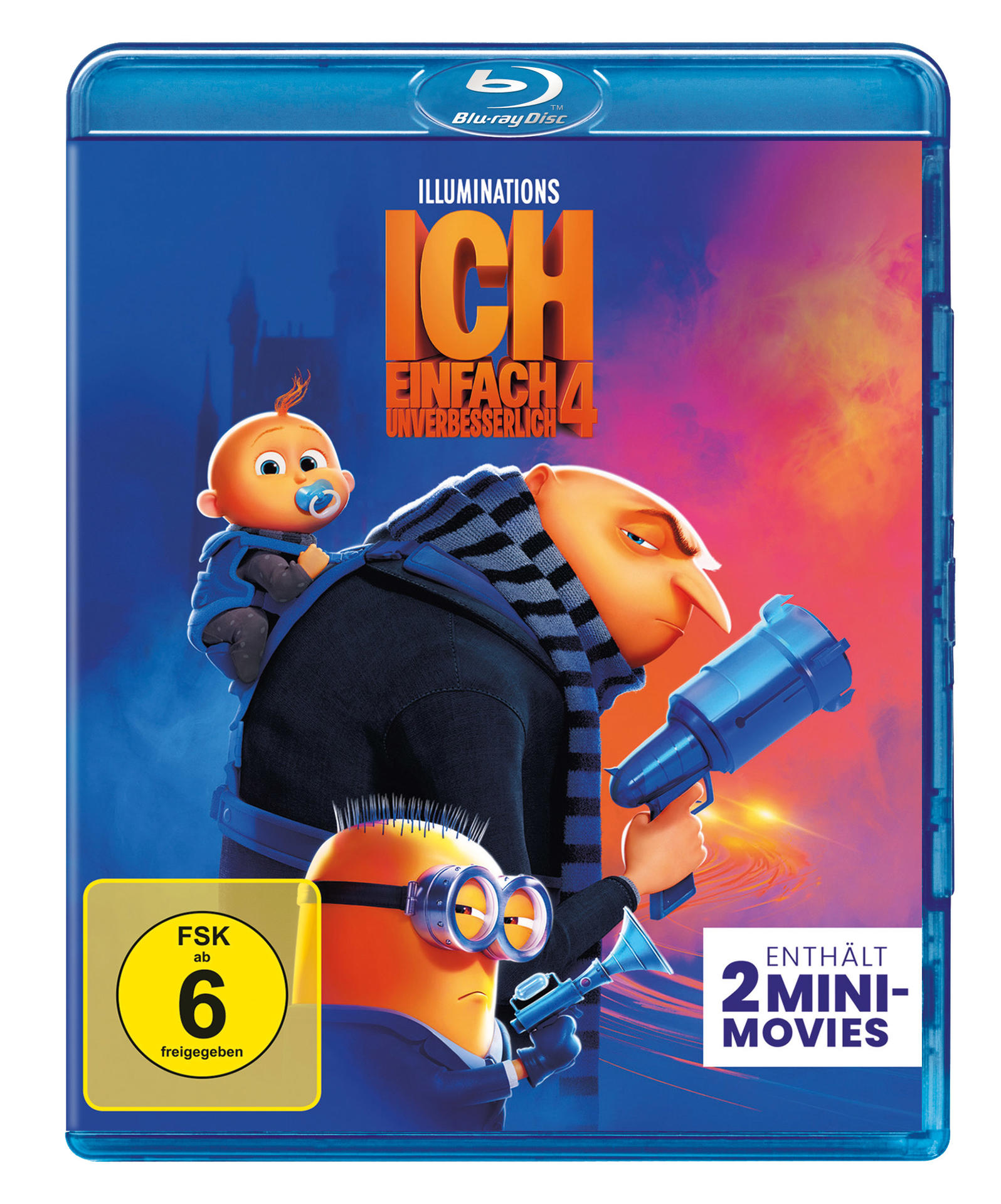 DVD-Cover von 'Ich - Einfach unverbesserlich 4'. Gru und ein Minion halten Waffen, Baby auf dem Rücken, und ein weiteres Minion.