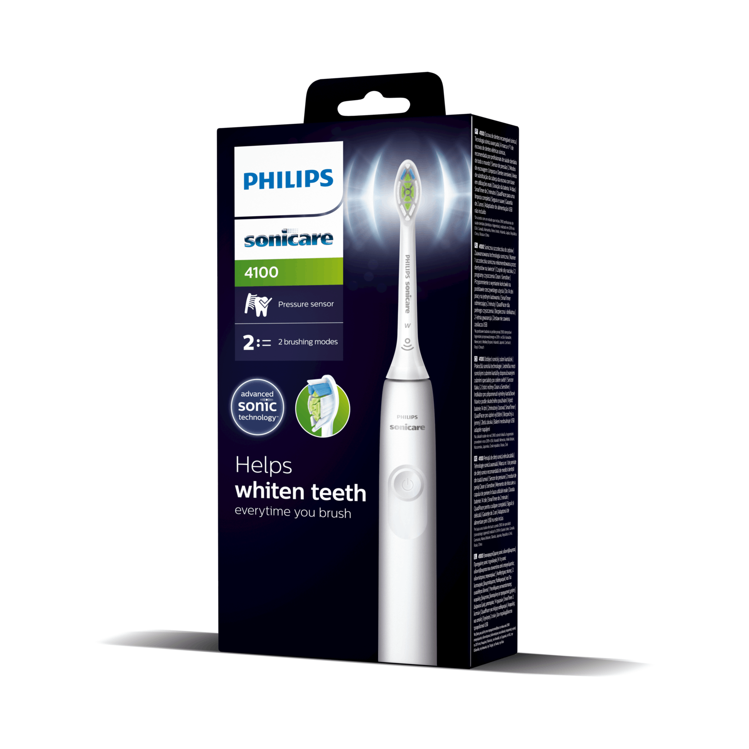 A Philips Sonicare toothbrush in its box. The box contains the toothbrush and information.