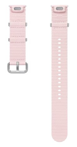 Dwa jasnoróżowe paski do zegarków ze srebrnym osprzętem. Jeden jest w pełni zmontowany, drugi jest odłączony.