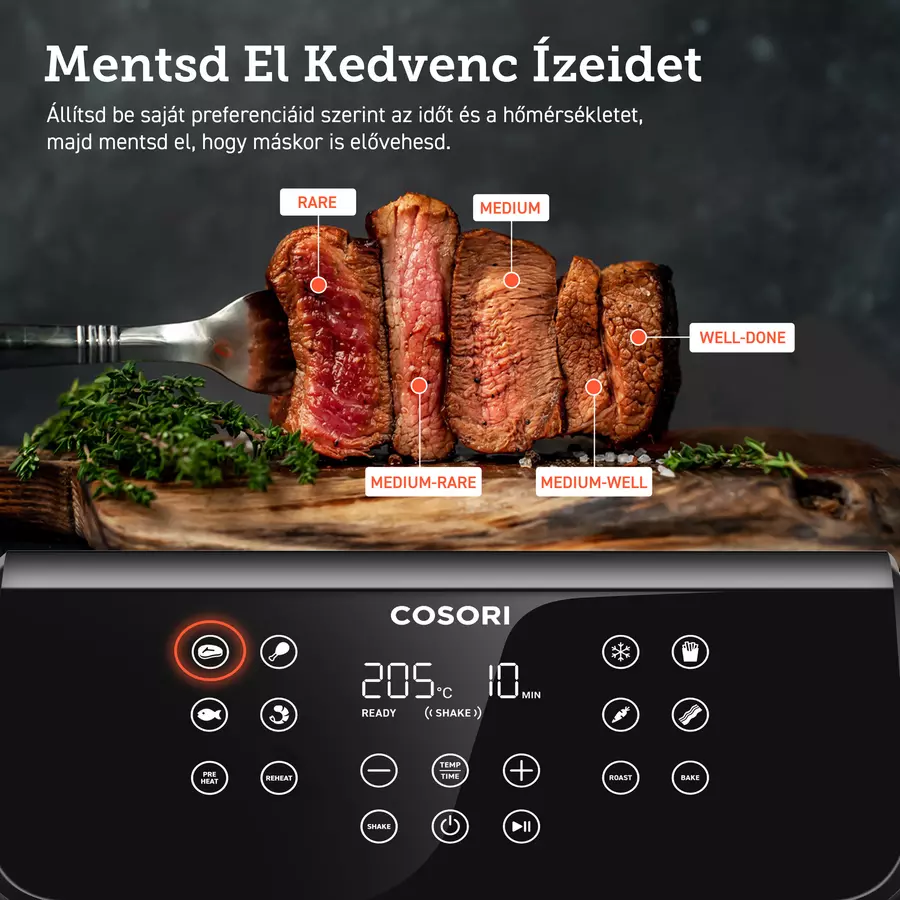 Steak szeletek a sütési fokok bemutatásával fekete felületen, digitális kijelzővel.