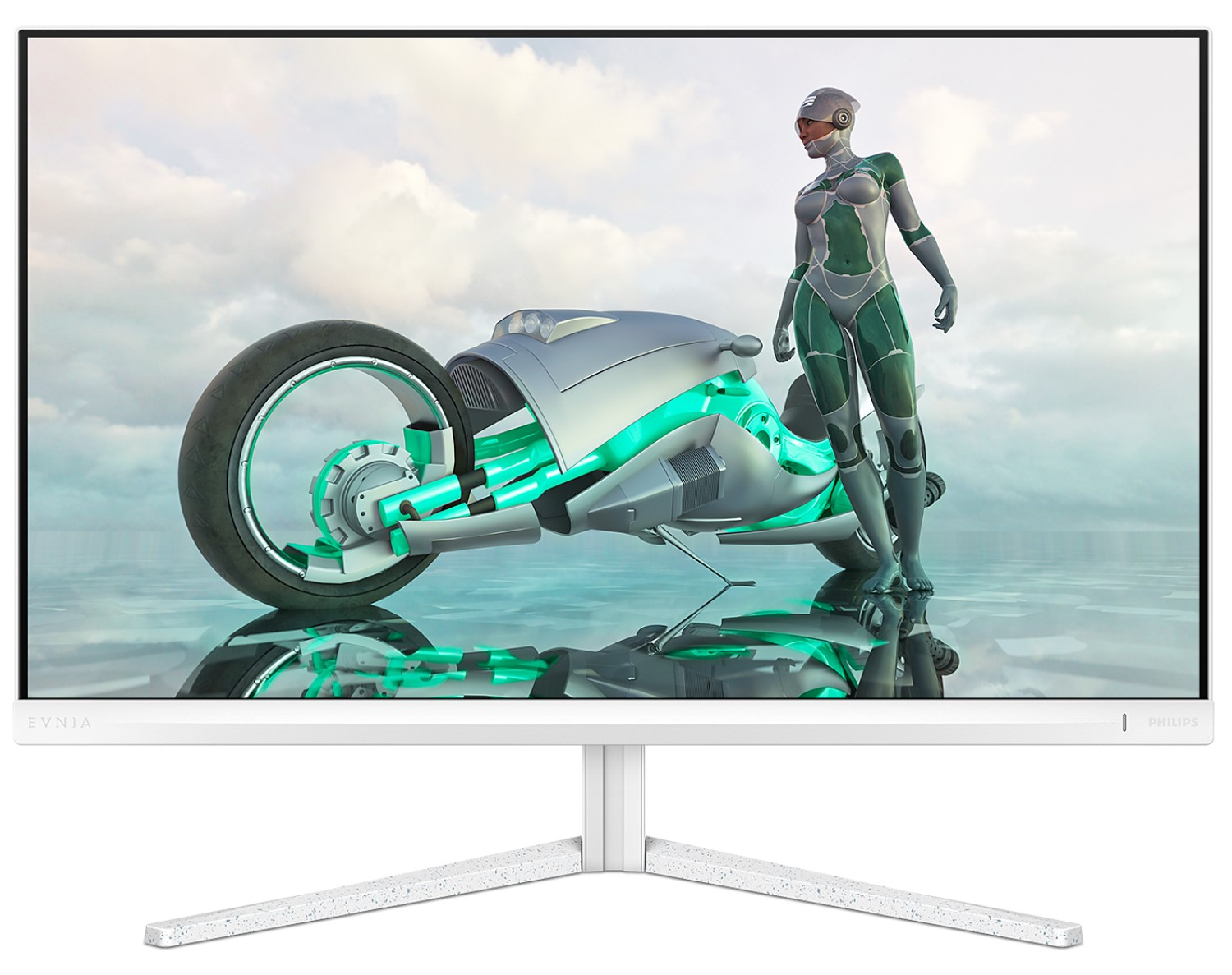 Ein weißer Computermonitor zeigt eine futuristische Szene mit einer Frau und einem Motorrad.