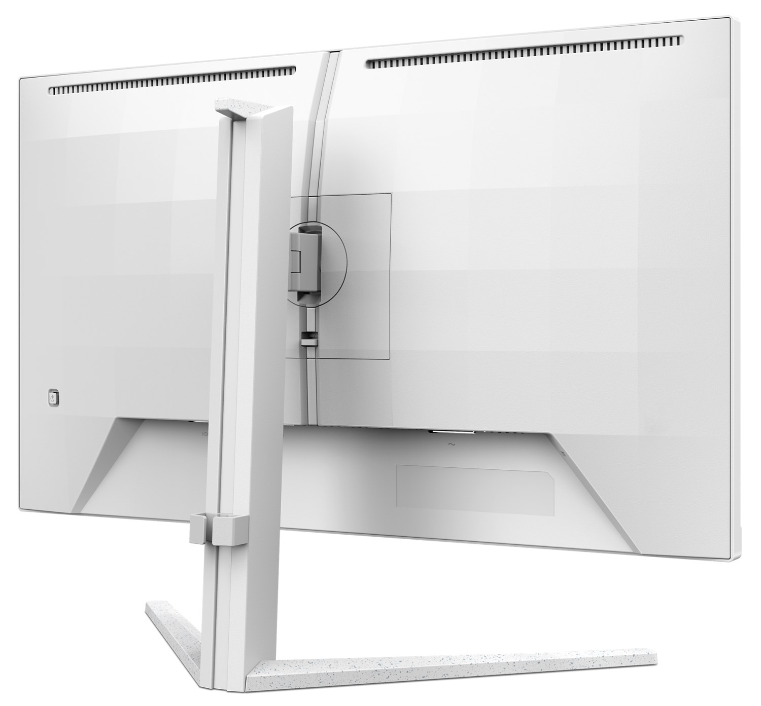 Rückansicht eines weißen Computermonitors mit Ständer, zeigt die Rückseite des Bildschirms.