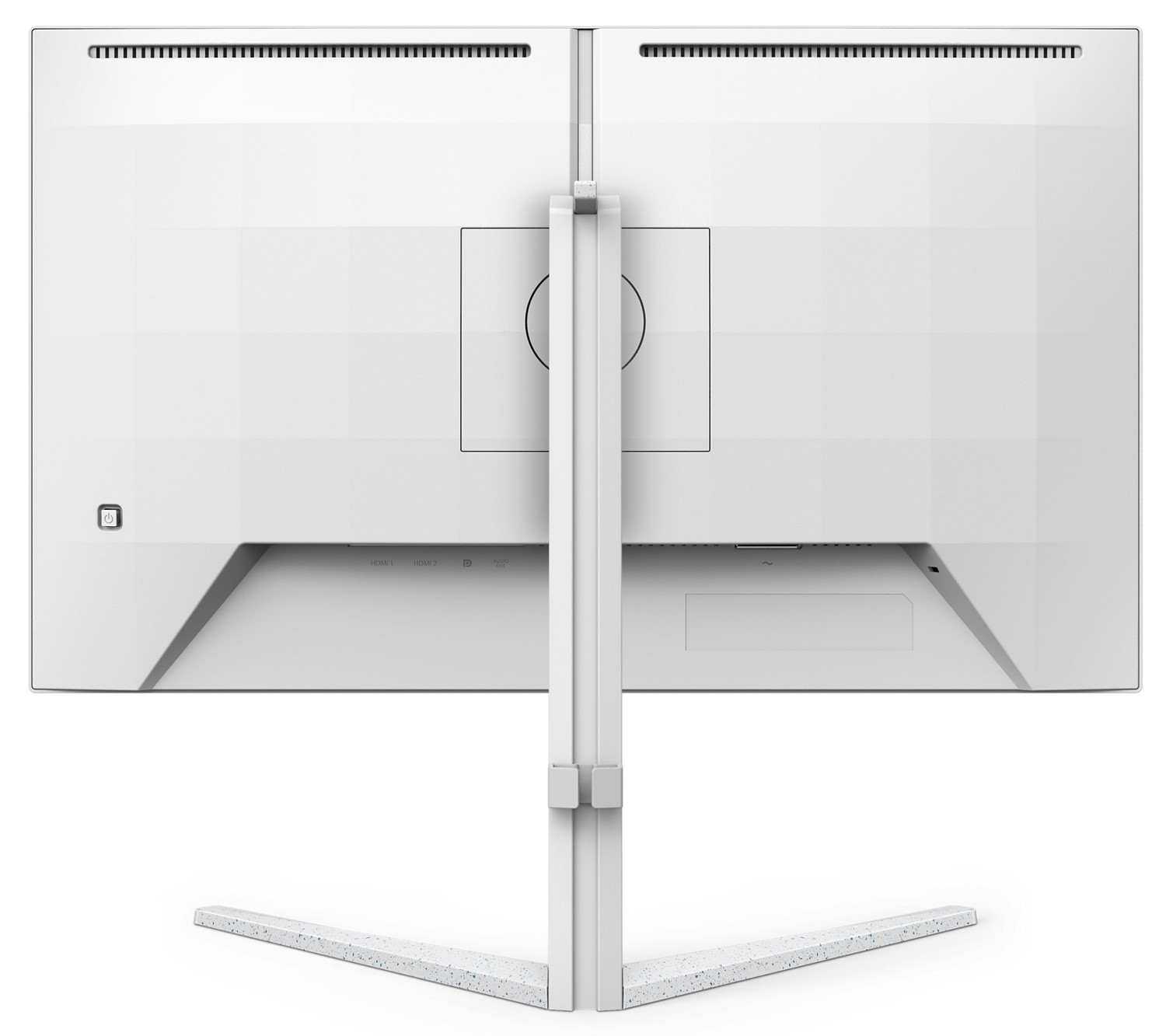 Die Rückseite eines weißen Computermonitors mit Ständer. Anschlüsse sind unten sichtbar.
