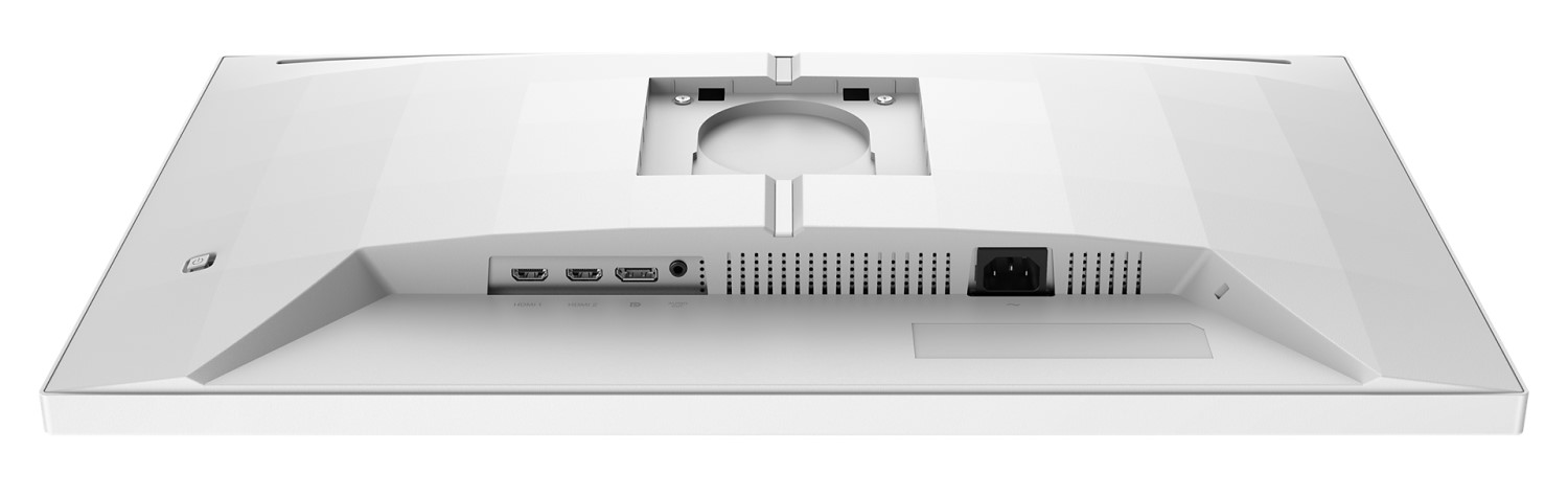Rückseite eines weißen Computermonitors mit Anschlüssen und Verbindungen. Er hat einen Ständer und ist freigestellt.
